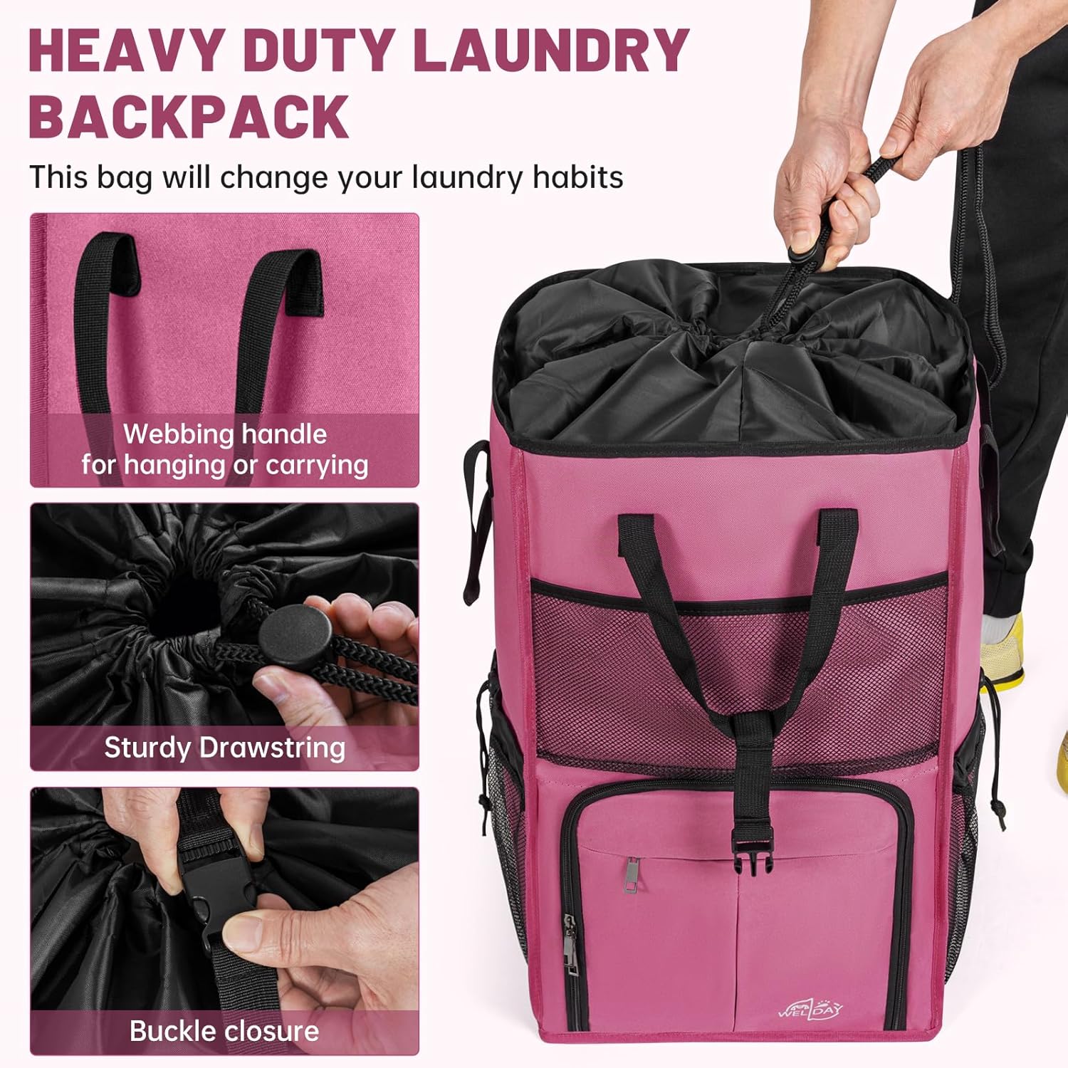 160L Laundry Backpack Bag with 3 Sizes Mesh Wash Bags Empty, Extra Large 2 in 1 Laundry Hamper Basket with Shoulder Straps, Freestanding Laundry Bag for College Dorm, Laundromat, Apartment (Pink)