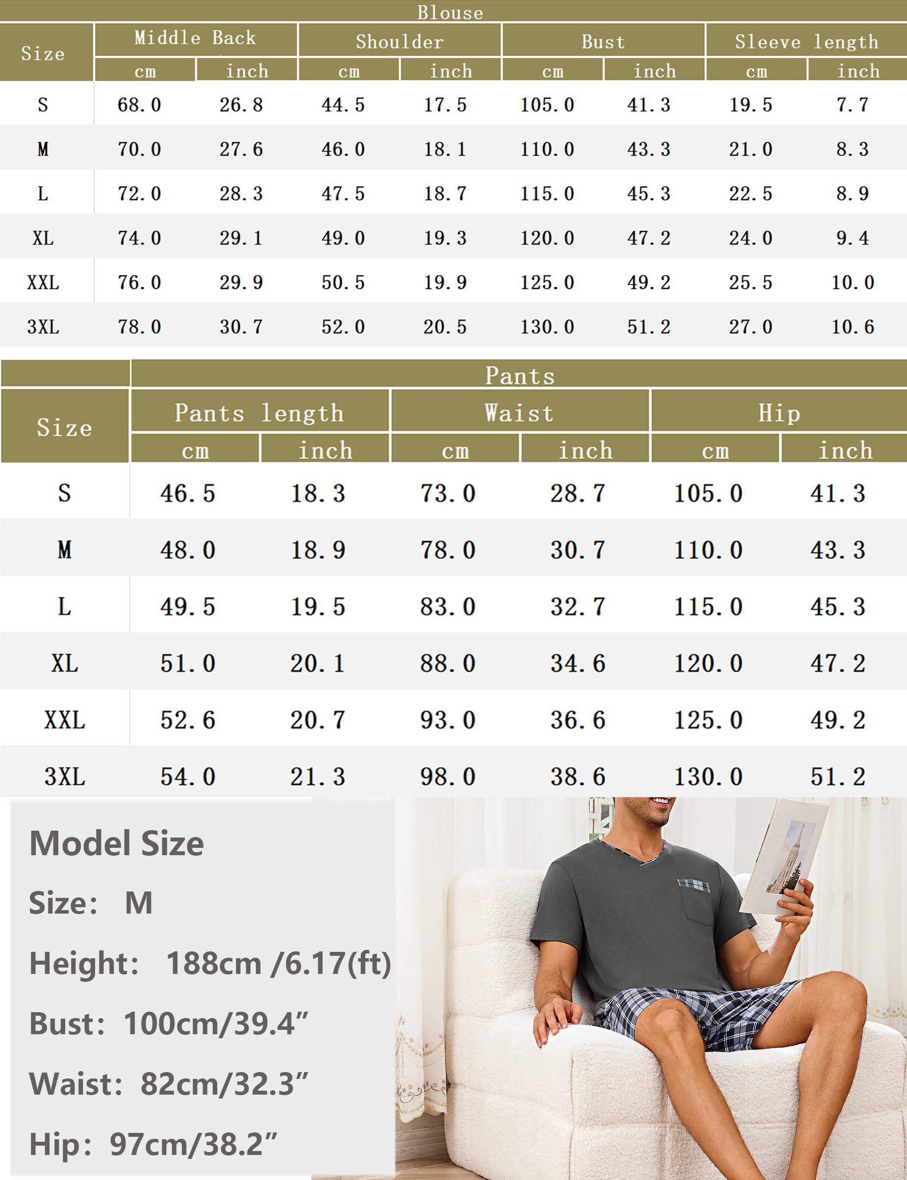 Pijamas de Verano Hombre 2 Piezas Corto Conjunto de Pijama a Cuadros con Cuello en V Cortos para Dormir con Bolsillos S-3XL