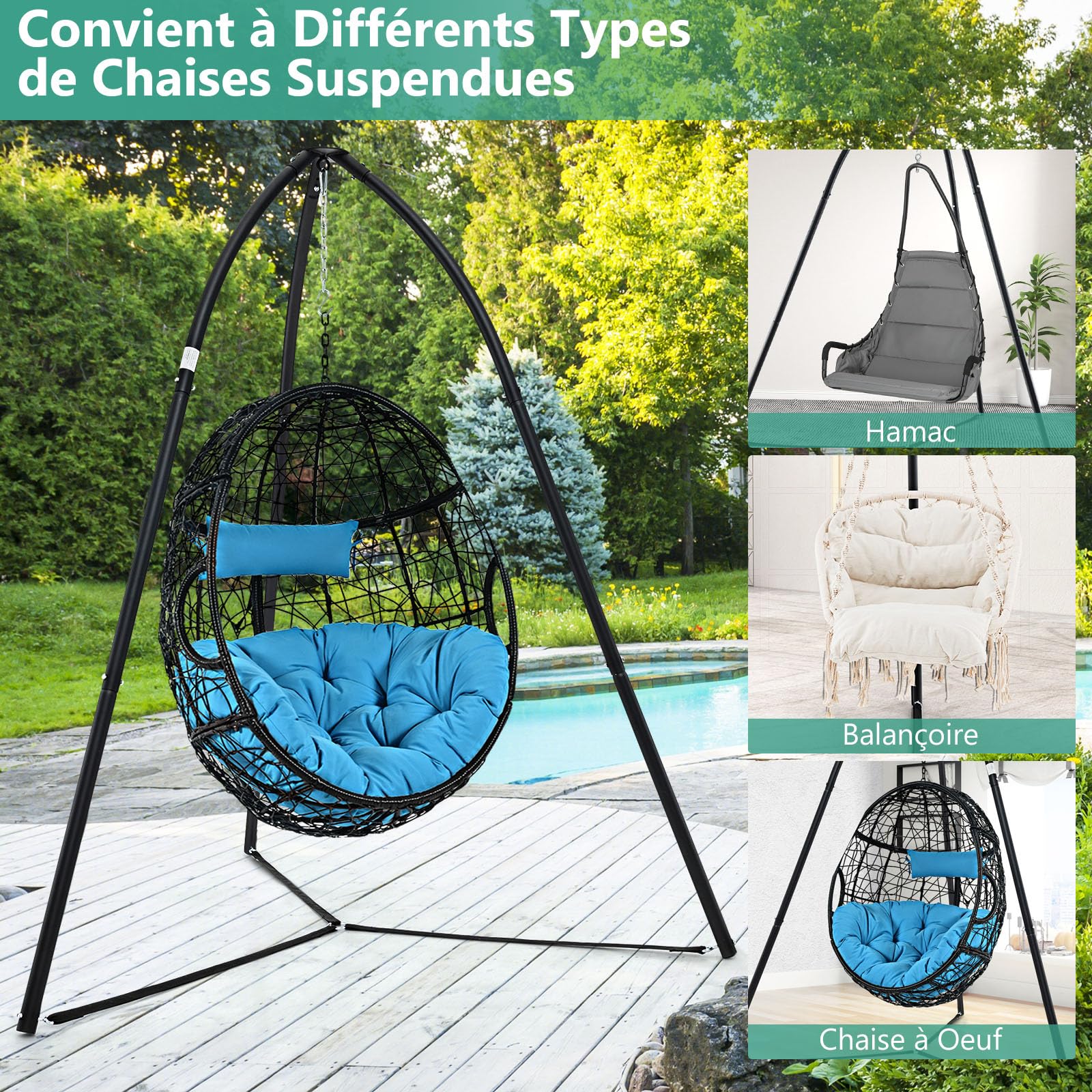 GOPLUS Support de Hamac, Pied de Fauteuil Suspendu, Cadre en Métal Robuste, Support de Balançoire Intérieur et Extérieur, Capacité 200 kg, Support de Chaise Œuf, pour Patio, Jardin