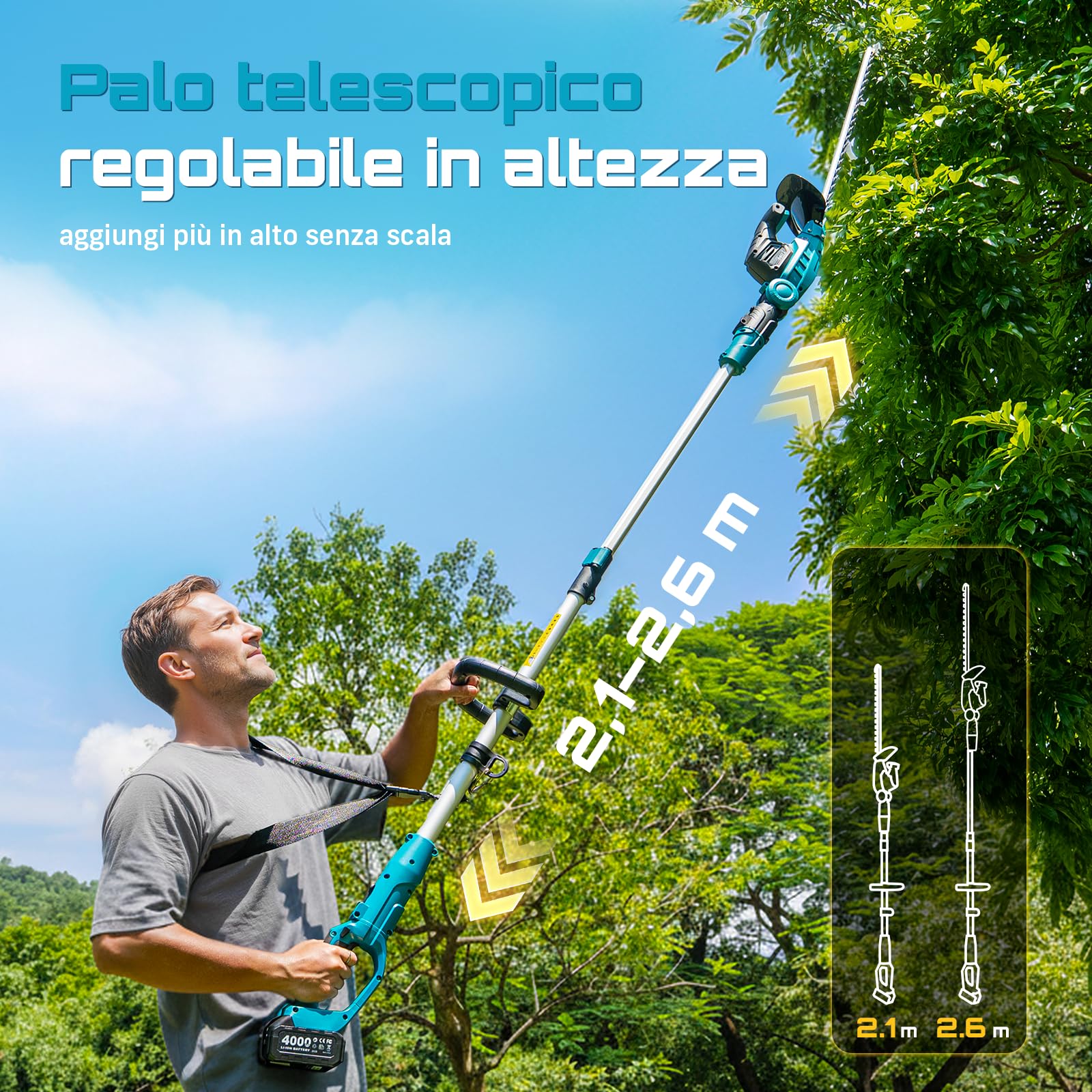 SEESII Tagliasiepi Telescopico a Batteria 2 in 1, Tagliasiepi a Batteria con Lama Doppia da 53 cm, Lunghezza Regolabile fino a 2,6 m, Taglio 18 mm, 2 Batterie 4,0Ah, per Siepi, Alberi e Arbusti