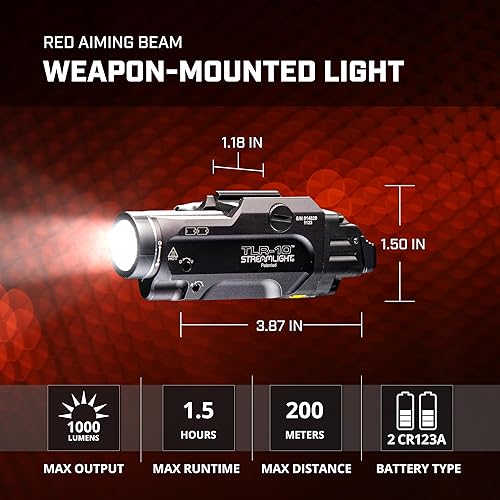 Miniatura 3 de Streamlight 69470 TLR 10 Flex 1000 lúmenes de bajo perfil, luz táctica montada en riel con láser rojo, negro, caja empaquetada