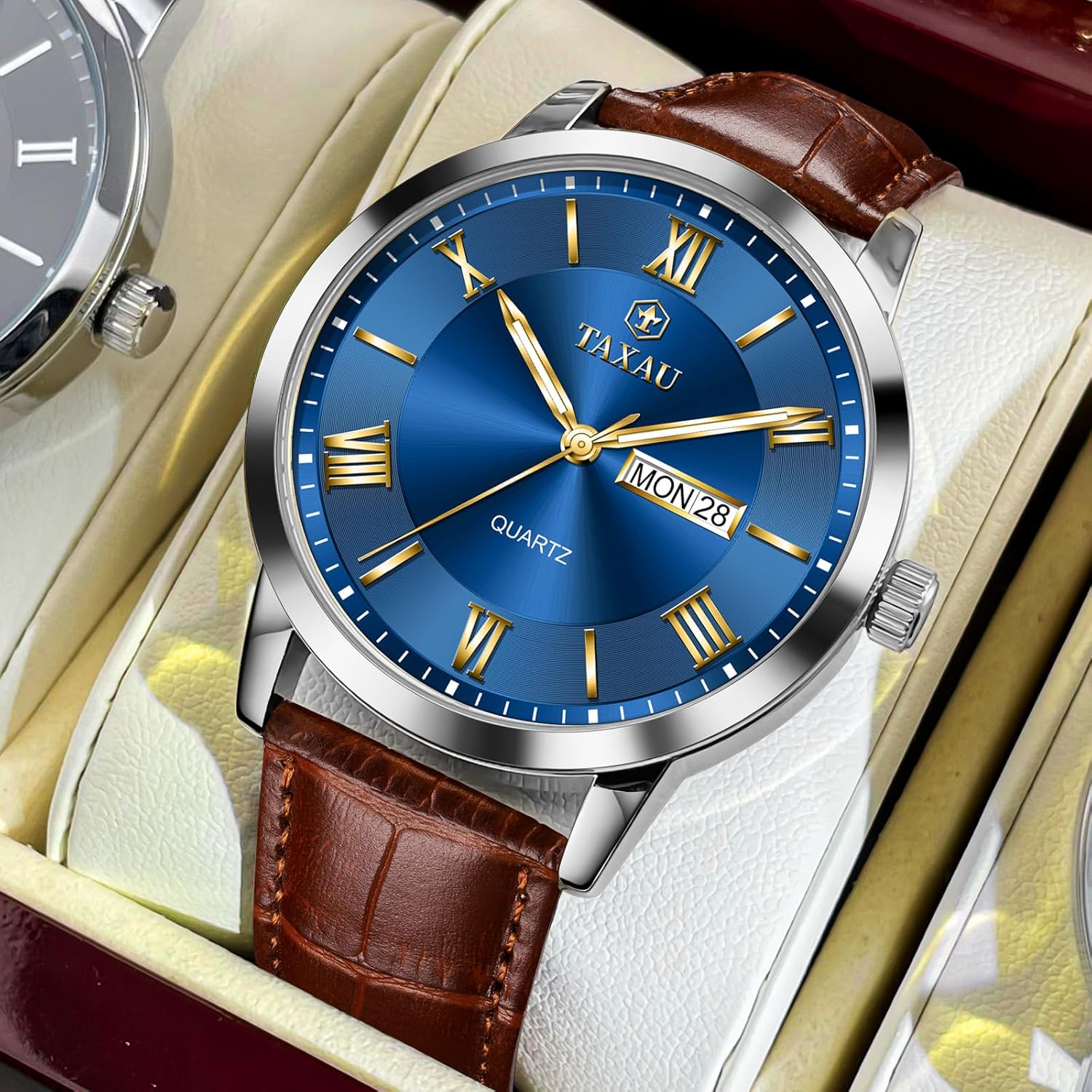 Men's Watch Big Face Easy Read Arabic Numeral Dress Watches for Men Classic Black Brown Leather Band Analog Mens Wrist Watch with Day and Date Fashion Business Waterproof Luminous Quartz Watch - Image 4