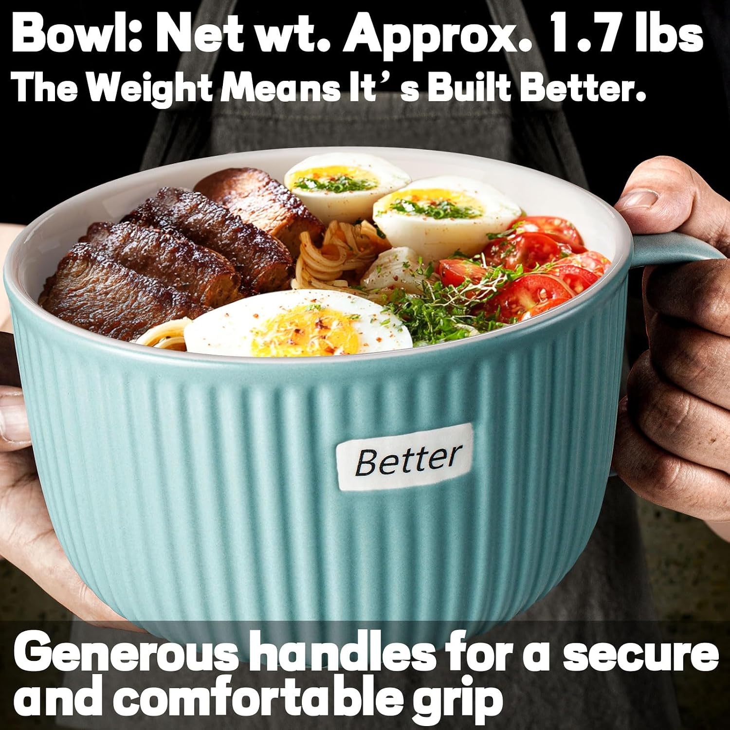 Artena 38 oz Soup Bowls with Handles, Lids, Spoons & Chopsticks – 6 Inch Large Microwave Safe Ceramic Ramen Bowls, Soup Mugs & Cereal Bowls for Instant Noodles, Oatmeal, Meal Prep (Teal-Set of 2)