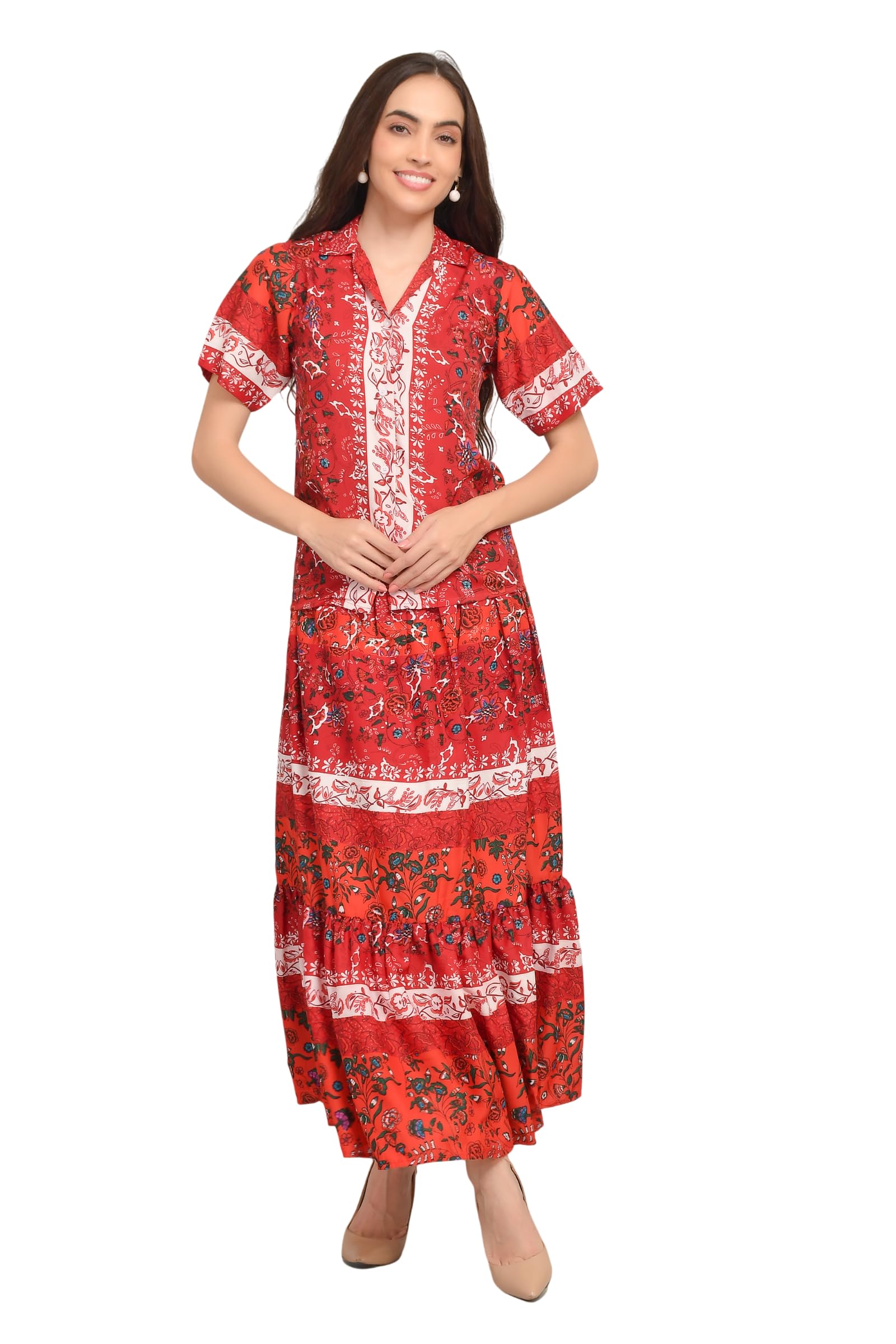 Women’s Red Floral Printed Shirt Top & Long Skirt Co-Ord Set | Stylish Casual Outfit for Women-image-4