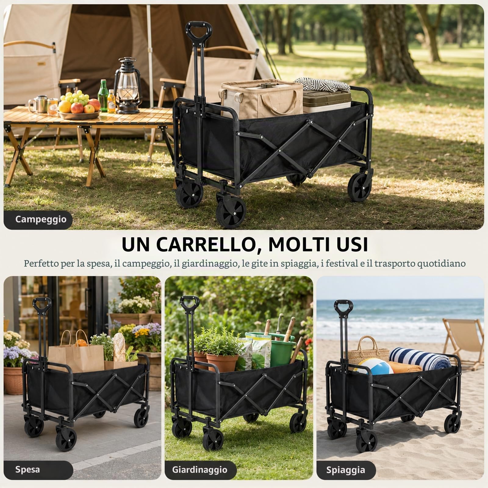 NCONCO Carrello Pieghevole con Ruote, 100L 150KG Carrello Spesa e Spiaggia | Carrello da Campeggio Portatile con Maniglia Regolabilee Ruote Larghe 360°, Carrellino Trasporto per Giardino e Auto