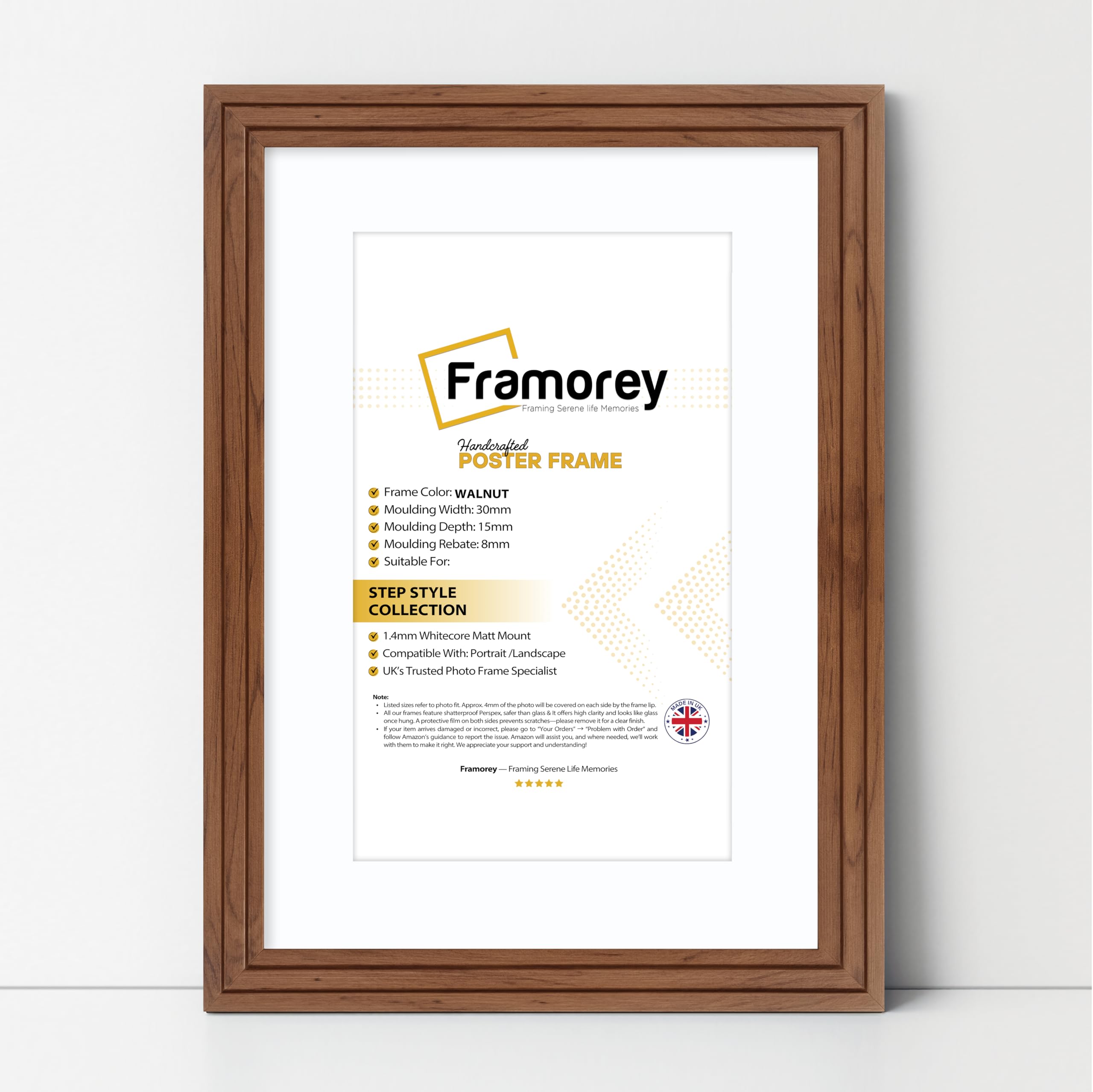 FRAMOREY Oxford Step Style Wooden Effect Picture Frame, 18x15" Size Walnut Photo Frame With 14x11" Size White Mount, Casual Wall Art Poster Frames, Photo Print Frames