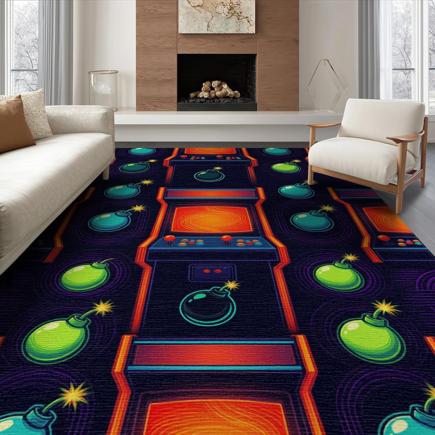 8'x10' Washable Area Rug Scatter Arcade Gamer Glowing Gamepad Border Cracked Alfombra Motif Refined for King Size Bedroom, Master Suite, Under Bed, Foldable Easy Care