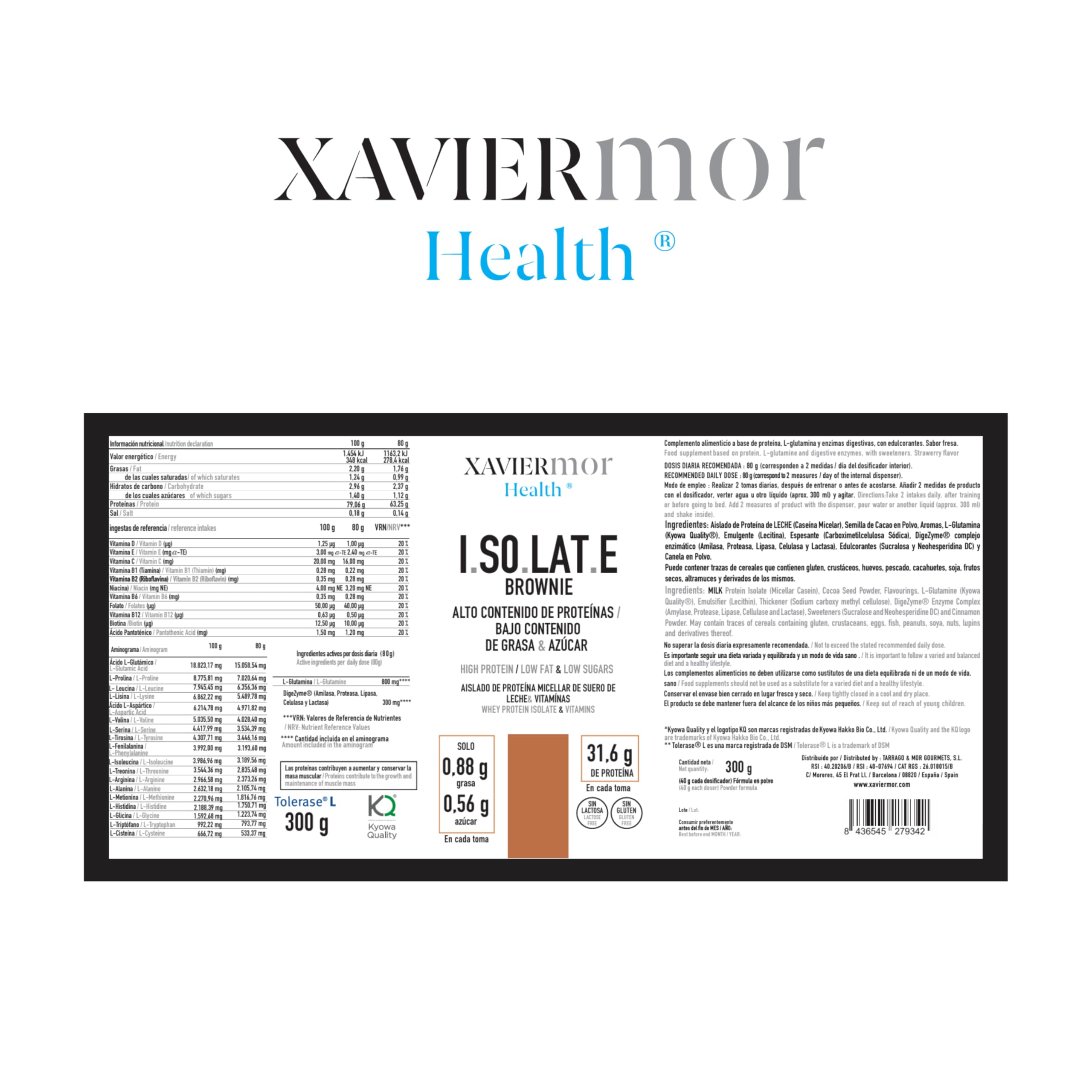 Proteína Aislada Isolate Whey 90% Sabor Brownie, 300g, con Caseína Micelar, L-Glutamina Kyowa y DigeZyme, para Recuperación Muscular