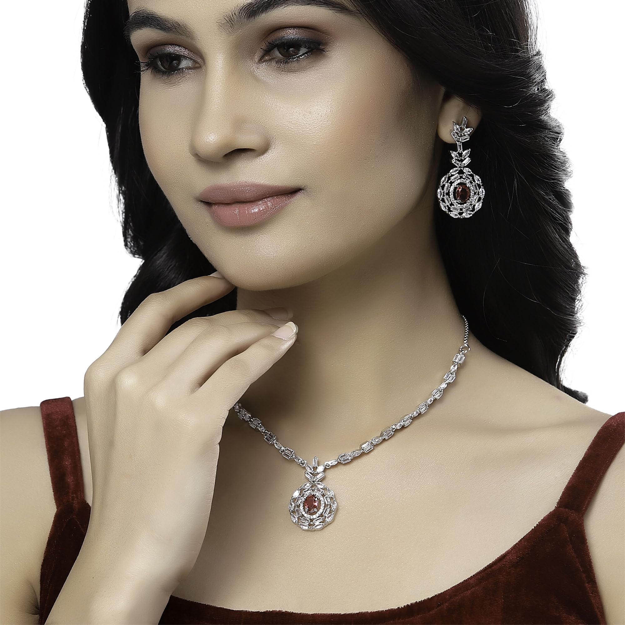 Rhodium-Plated American Diamond Necklace & Earring Set