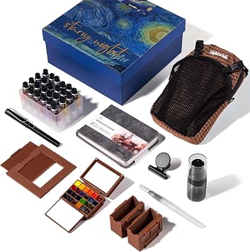 LIGHTWISH Travel Watercolor Set, 24 Colors Full Portable Painting Kit with Water Brush, Watercolor Journal, Ceramic Palette & View Finder - Complete Sketching Supplies for Artists & Beginners Outdoor