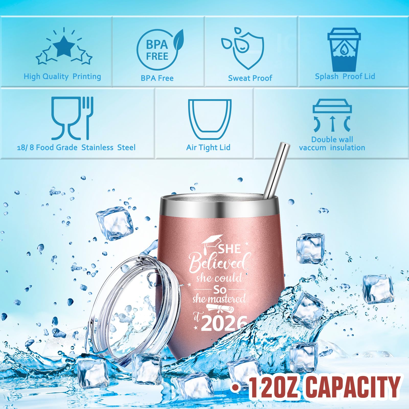 Gerrii 3 Pcs Masters Graduation Gift Set She Believed She Could So Mastered It 2026 Insulated Tumbler 12 oz Acrylic Heart Decor Keychain Graduation Master Degree Christmas Gift for Women(Master)