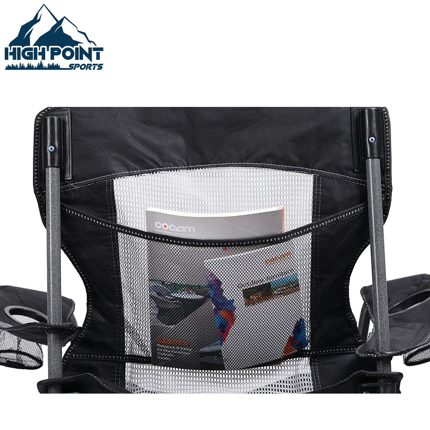 HIGH POINT SPORTS Campingstuhl Faltbar Angelstuhl Mesh-Rücken Klappstuhl | Camping Stuhl 160 kg Belastbar Anglerstuhl mit Armlehne Getränkehalter Stahlrahmen Tragbar Campingsessel (Schwarz)