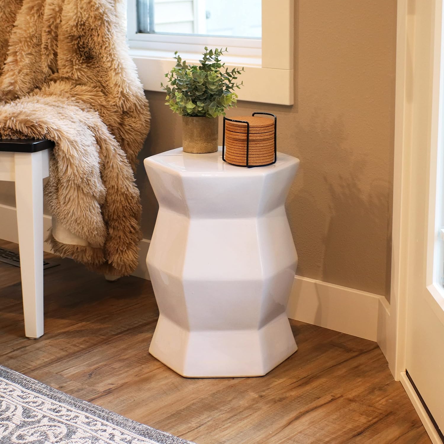 Sunnydaze Ceramic Garden Stool Side Table - Indoor or Outdoor - Moderno - White