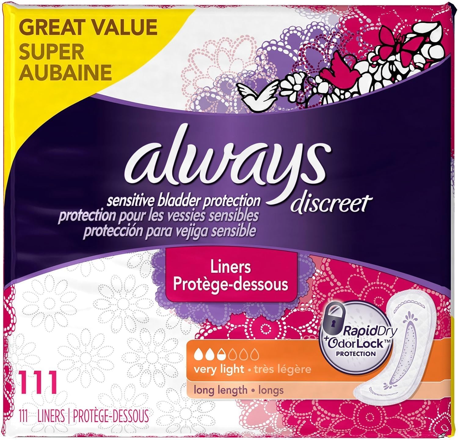 Always Discreet, Incontinence Liners, Very Light, Long Length, 111 Count, 111 Count