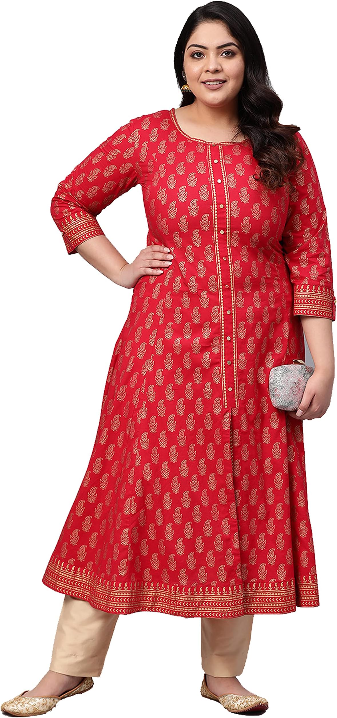 Women's Plus Size Cotton Calf Length Flared 3/4 Sleeve Anarkali Kurta Dress For Summer