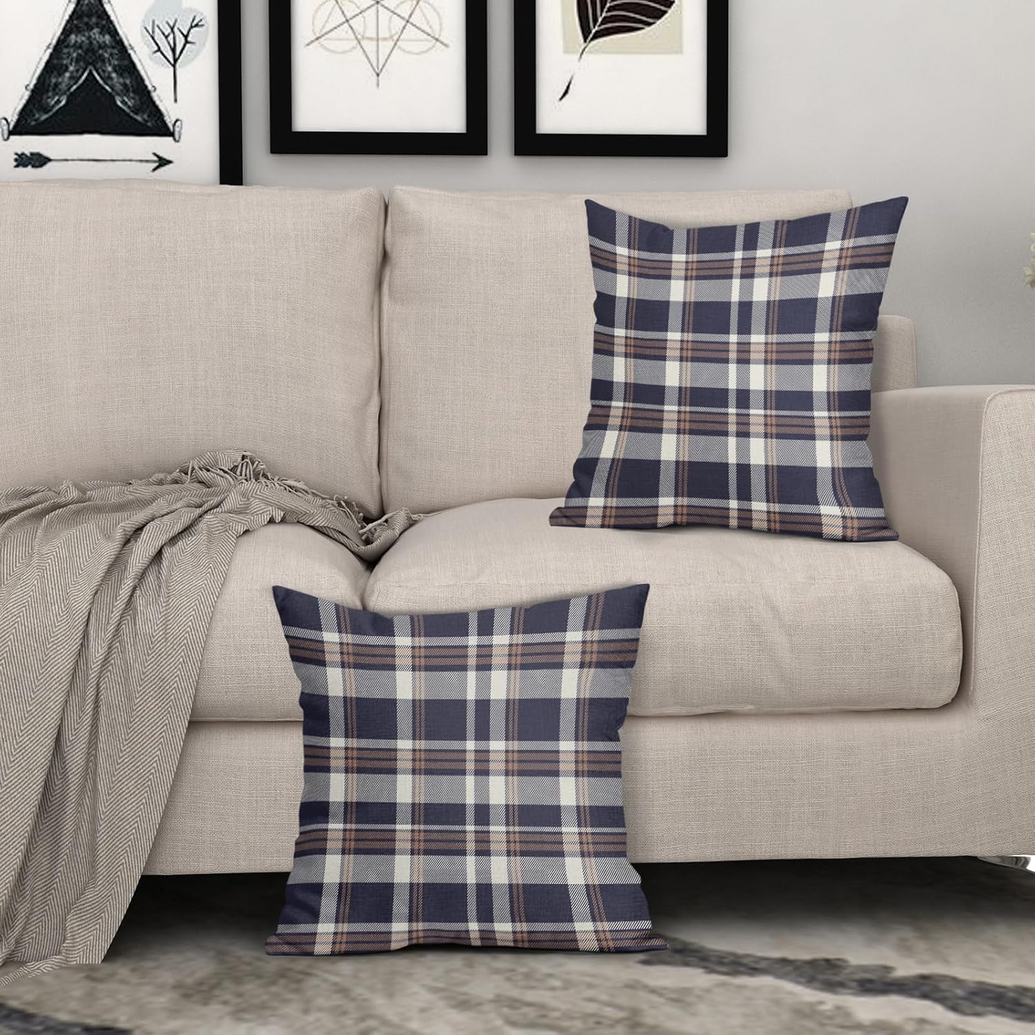 Dusty Blue Brown Plaid Pillow Covers 24x24 Set of 2 Buffalo Plaid Tartan Pattern Print Decorative Outdoor Pillowcases Holiday Farmhouse Throw Cushion Case Couch Sofa Bed Decor