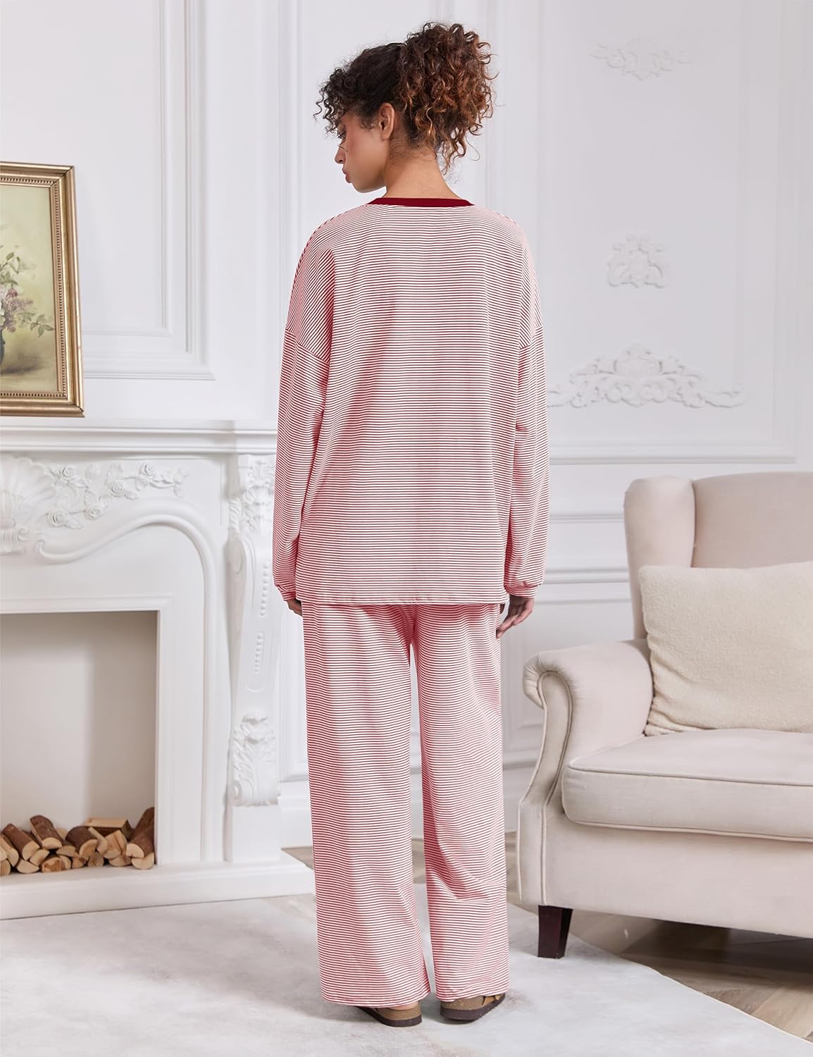 Women Striped 2 Piece Lounge Set Long Sleeve Oversized T Shirts Wide Leg Pants Matching Sets Casual Comfy Pajama Sets - Image 3