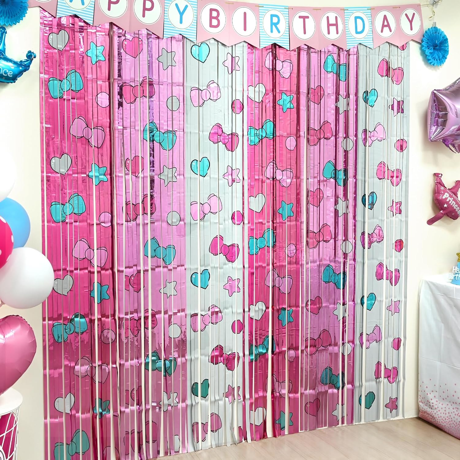 Bupelo Kawaii Birthday Decorations, 2 Pack Cartoon Cat Theme Party Supplies, 3.3 x 6.6ft Tinsel Foil Fringe Curtains, Bow Photo Booth Props, Backdrop Streamers, Perfect Room & Doorway Decor for Girls