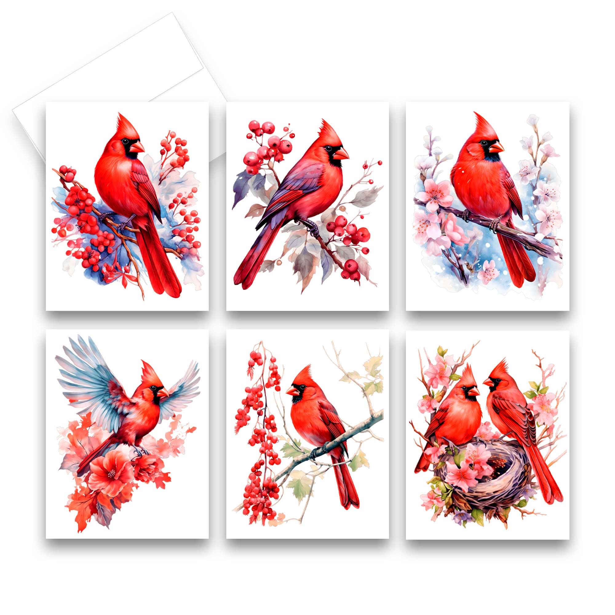 Aria Rae Design Assorted Cardinal Greeting Cards, Set of 12 with envelopes, Folded Stationery, note card pack, watercolor notecard, Set of blank note