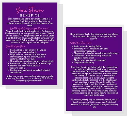 Miniatura 2 de Yoni Steam Benefits Infocards  Paquete de 30  Tamaño de postal grande de 4 x 6 pulgadas  Morado con diseño rosa, morado, rosa, blanco