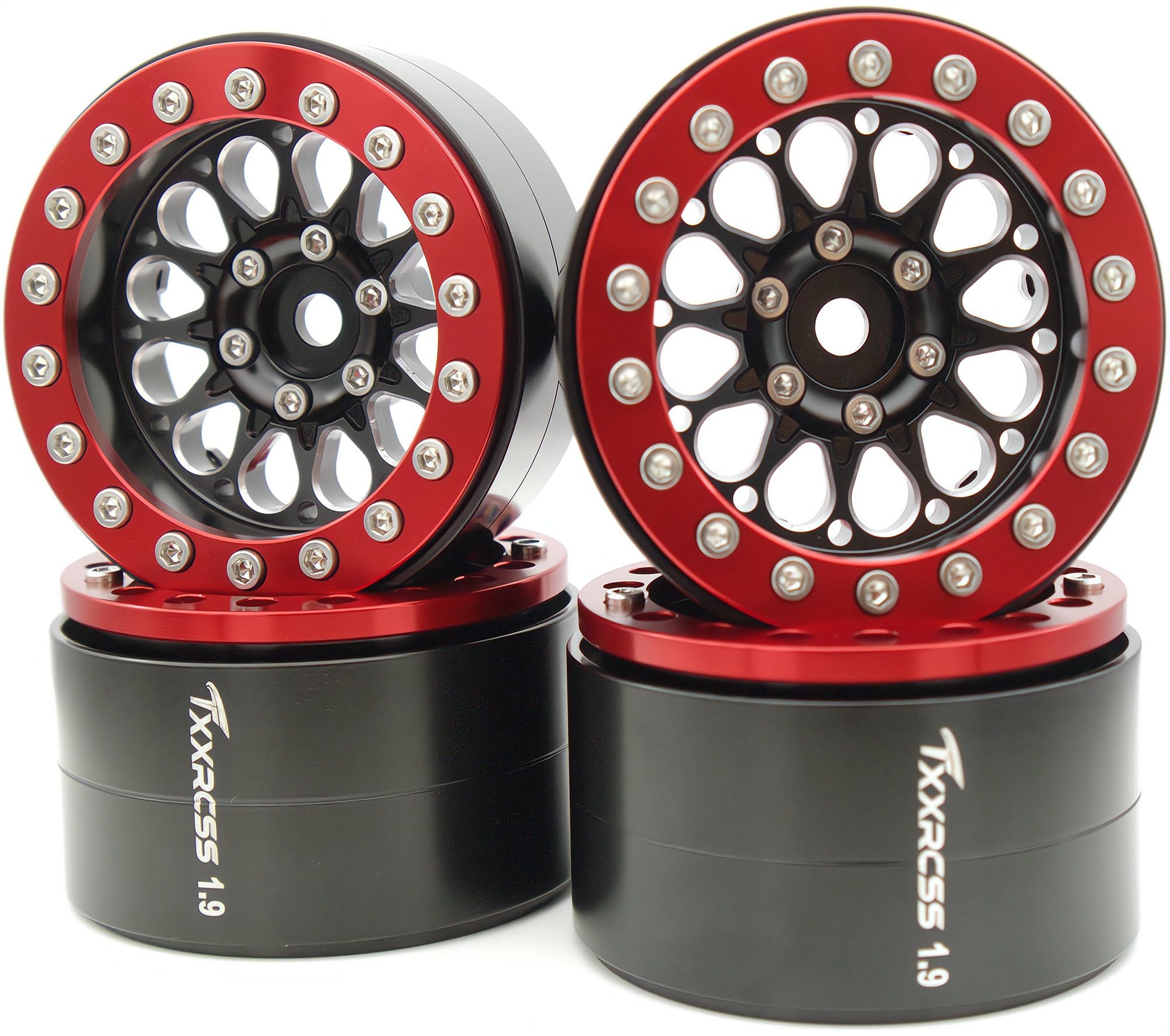TxXrcss 156g Super Heavy Duty RC 1.9 Beadlock Wheels Offsets -6mm Rims Hex 12mm Wheel for TRX4 TRX6 SCX10 Gen8 1/10 RC Crawler Remote Control Car Upgrades Accessories (Black & Red)