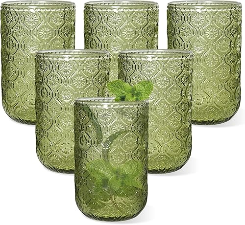 Juego de 6 vasos de bebida vintage verdes de 14 onzas, vasos de agua verde en relieve para cerveza, jugo, cóctel, whisky, leche