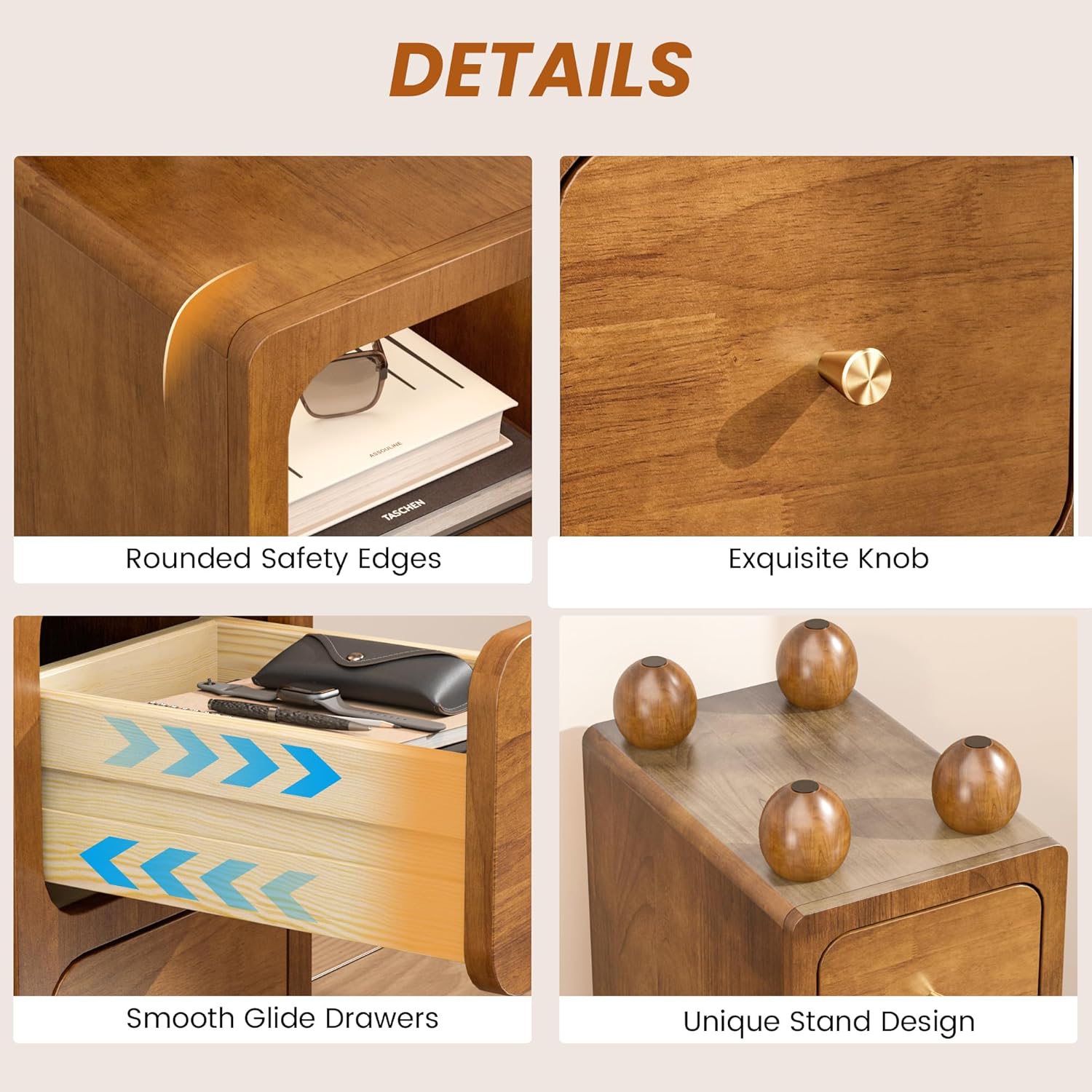 Narrow Nightstand with 2 Drawers, 10" Small Solid Wood Night Stand with Open Shelf, Walnut Mid Century Modern Nightstand, Slim Bedside Table for Small Spaces, Bedroom, Study, Office