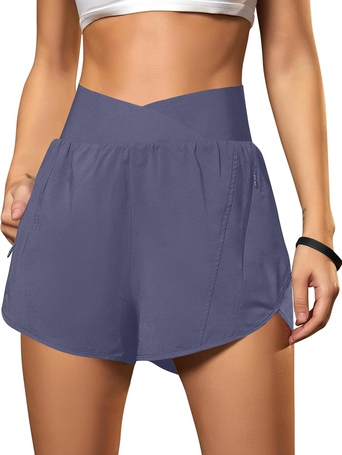 Blooming Jelly Women's Workout Shorts Athletic Running Shorts Crossover High Waisted Gym Shorts with Zipper Pockets
