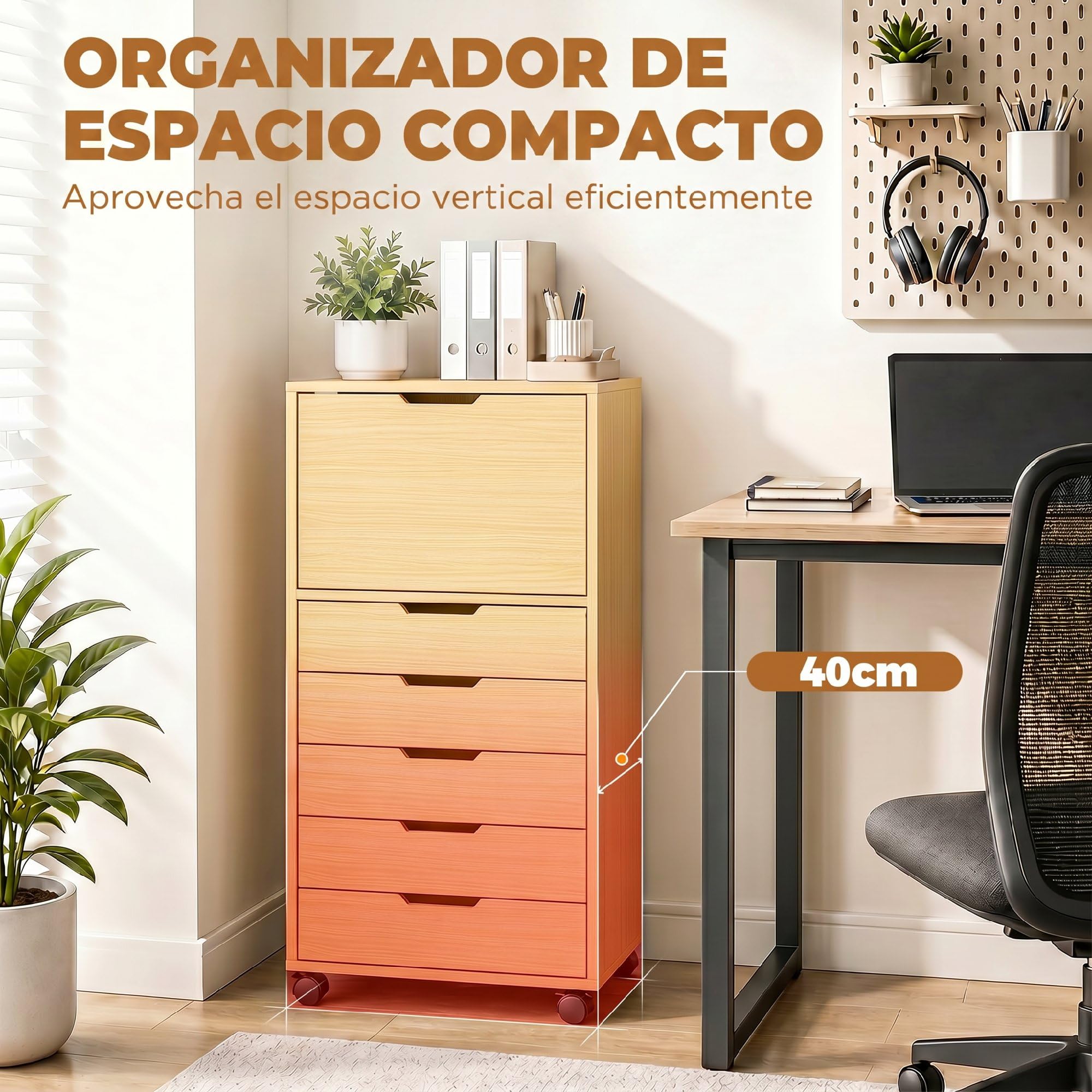 HOMCOM Schreibtisch mit 5 Schubladen auf Rollen und Schrank Natur | Büro-Schubladeneinheit, Soft-Close, Druckerständer, Aktenschrank, für Home-Office