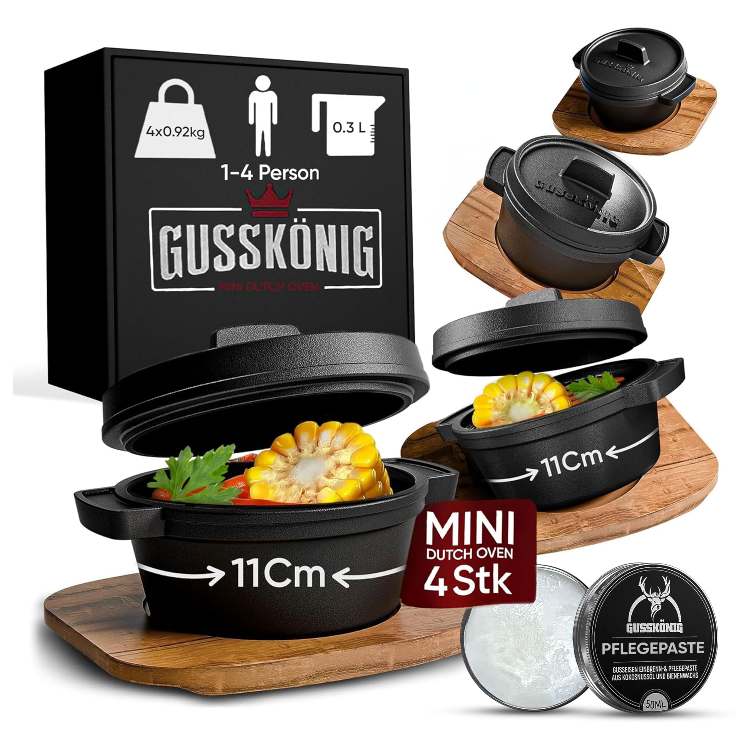 GUSSKÖNIG Dutch Oven Set Mini mit Holz-Untersetzer – 4x 300 ml Gusseisen Mini Topf mit Deckel–eingebrannter Mini Dutch Oven–Mini Cocotte Gusseisen Servierpfännchen–inkl. Pflegepaste–30 Jahre Garantie