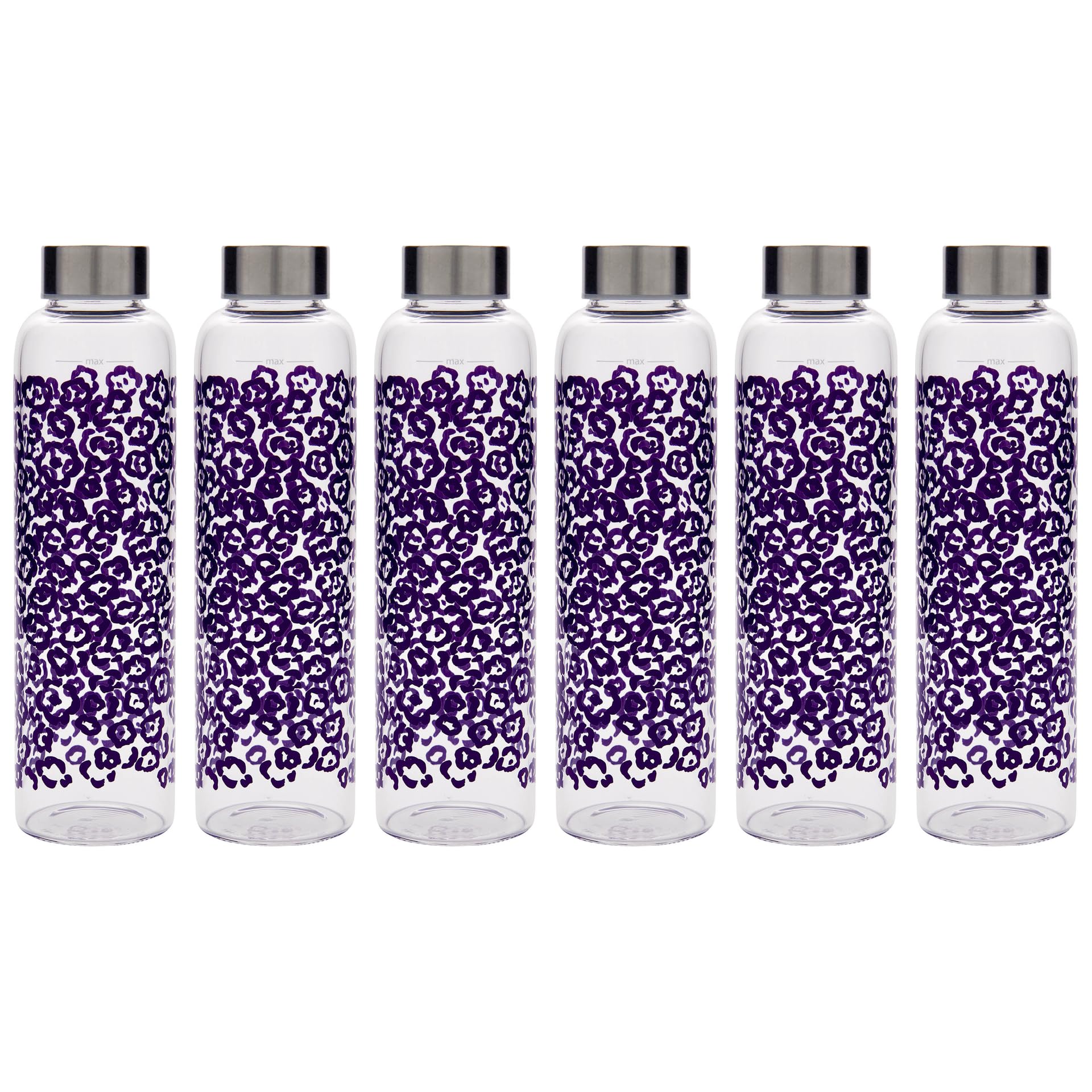 Borraccia Perseus viola fiori 500 ml in vetro trasparente con coperchio in metallo, set da 6 pezzi