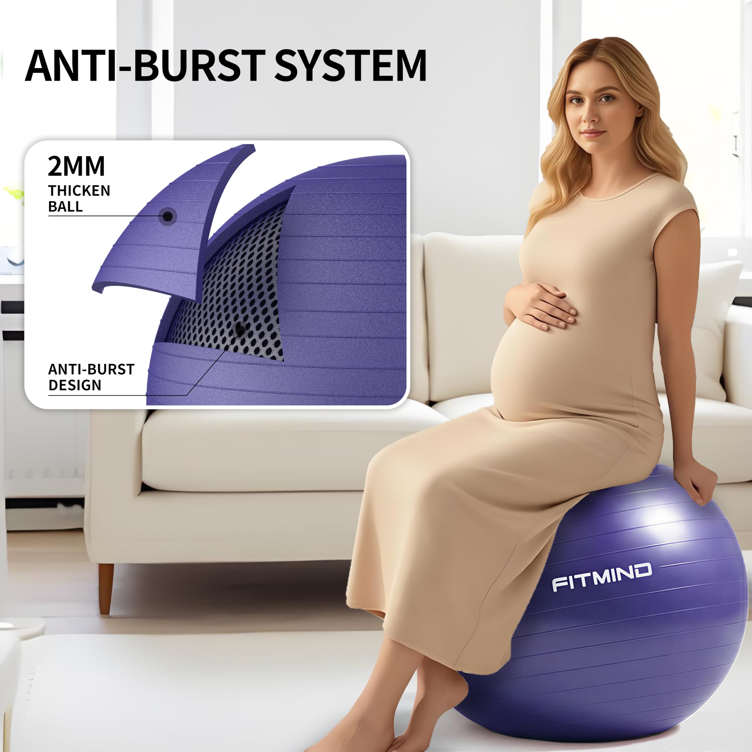 Palla da yoga extra spessa, 55,9 cm/66 cm/76,2 cm, per allenamento, gravidanza, stabilità, anti-scoppio e antiscivolo, con pompa, per yoga, pilates, fitness, nascita, fisioterapia