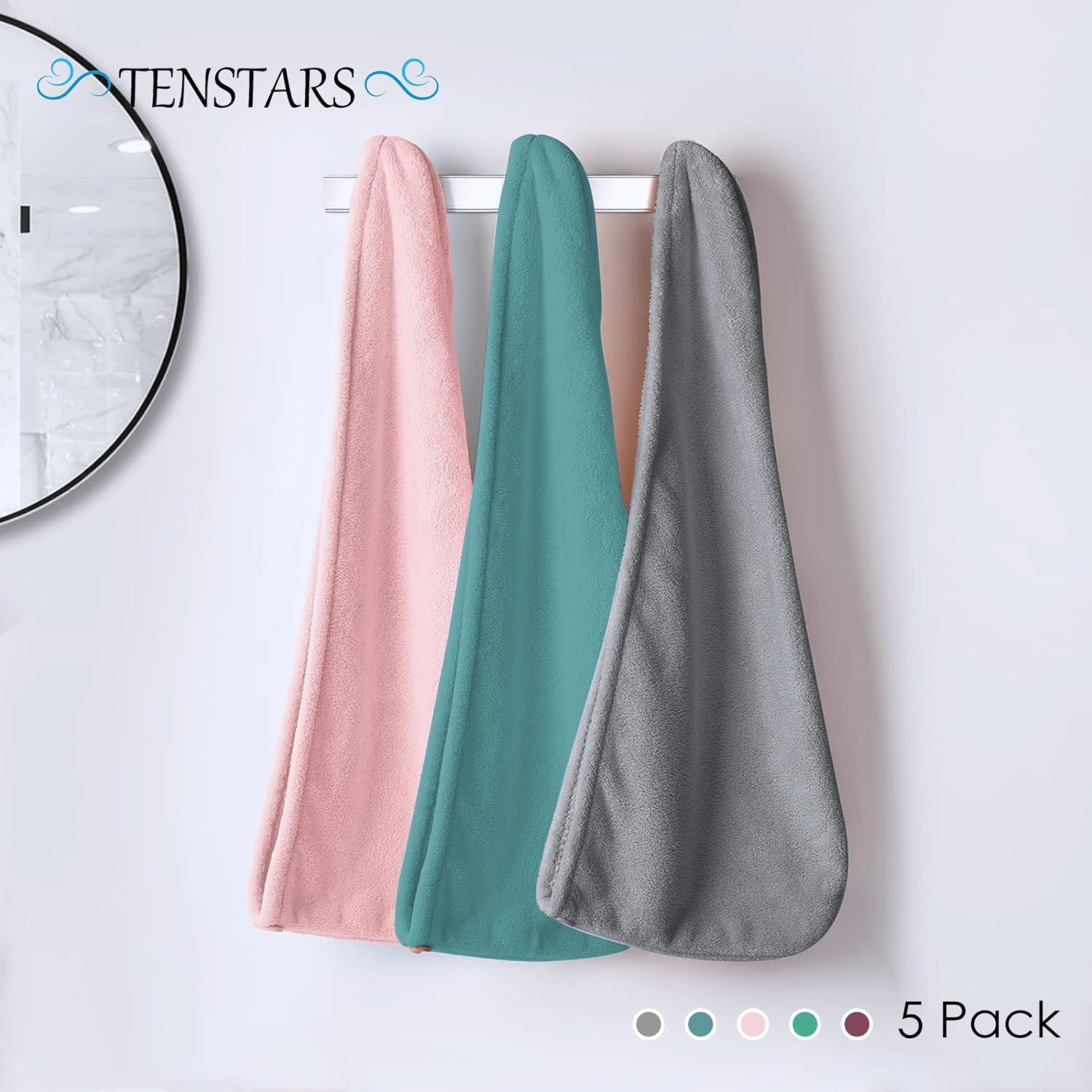 TENSTARS 5 Pack Thicken Microfiber Hair Towel Wrap for Women - Elastic Loop Design - 320GSM Coral Velvet - Quick Dry Hair Turban - 11x28 Inch (Aqua Green+Pink+Burgundy+Teal+Grey) thumbnail