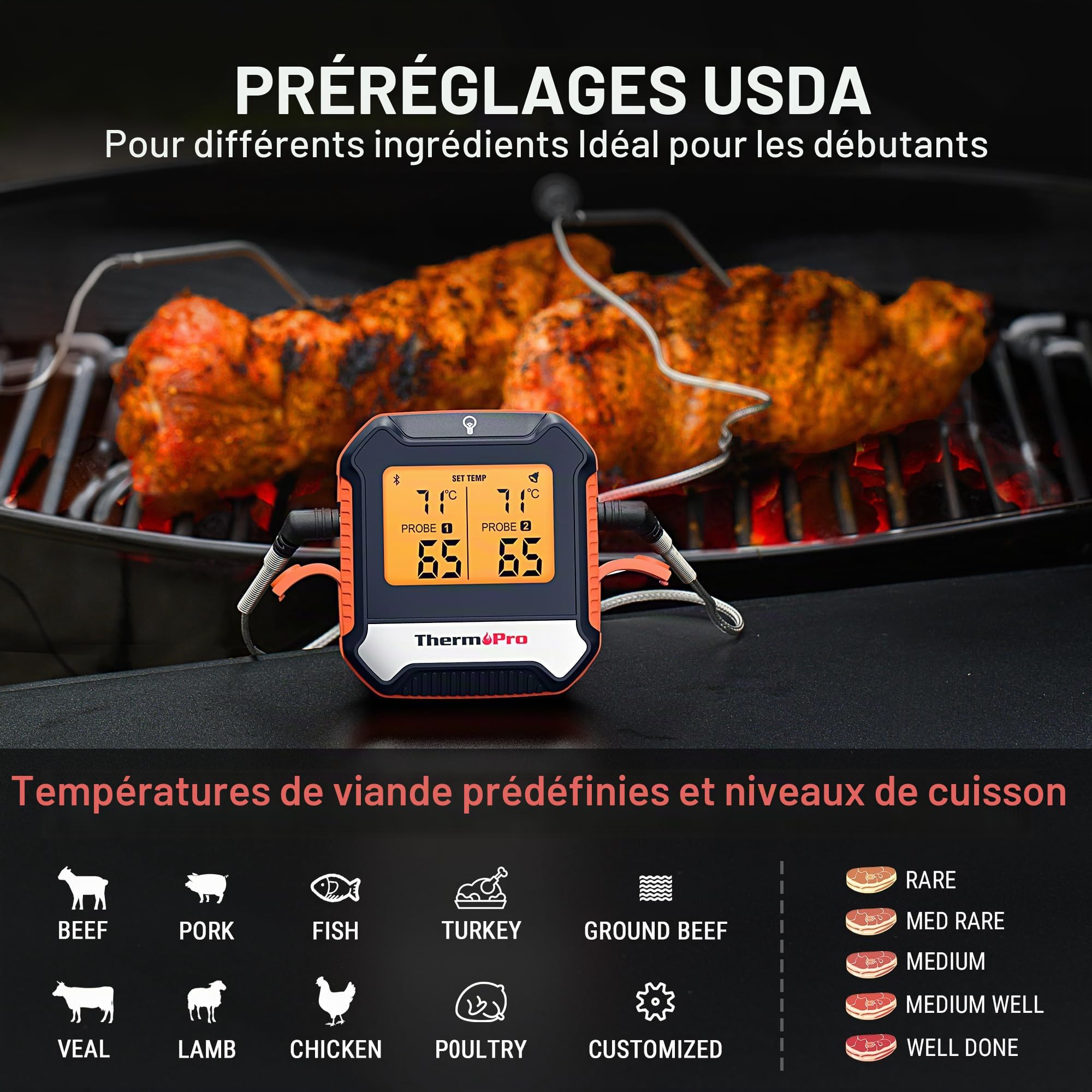 ThermoPro TempPro TP904 Thermomètre à viande numérique sans fil Bluetooth 135 m avec double sonde