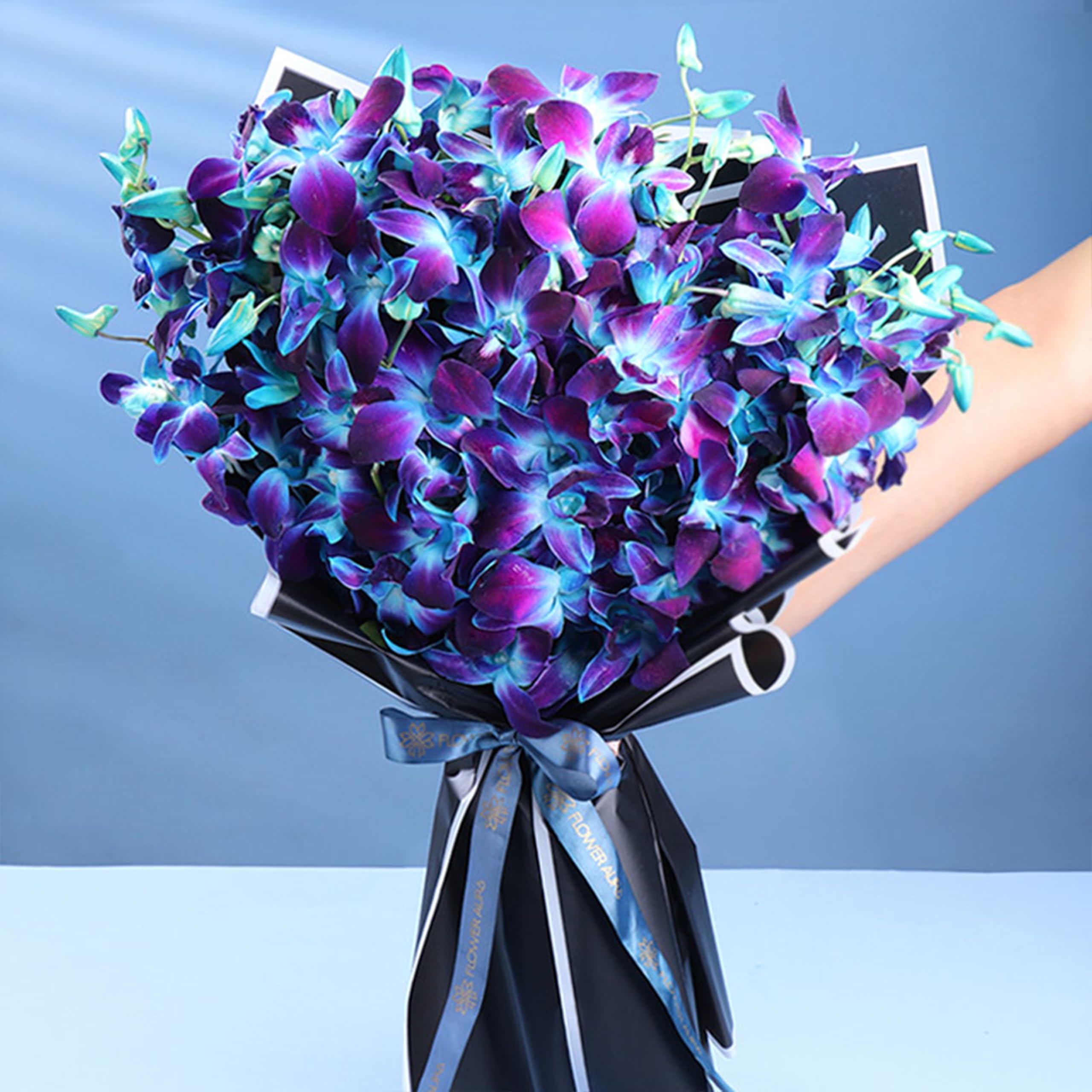 FlowerAura Premium Fresh Live Flower Bouquet of 6 Blue Flowers In Designer Black Wrapping Paper Gift For Birthday | Anniversary | Romantic Surprise | Rose Day | Valentine's Day (Same Day Delivery)-image-43