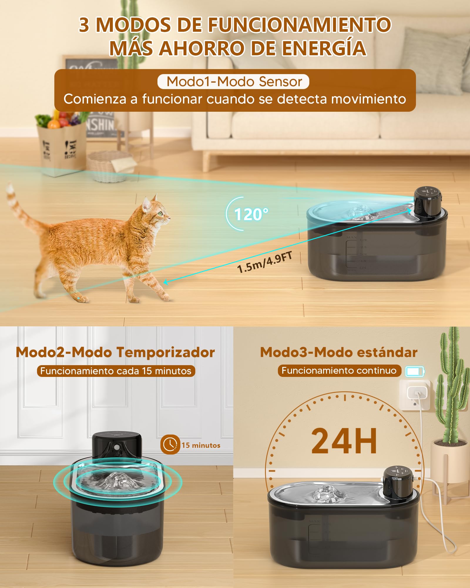 TOMXCUTE Fuente para Gatos 3L con Batería 5000mAh y Sensor | 3 modos: sensor, temporizador y continuo, con cuenco de acero inoxidable y salida automática de agua.