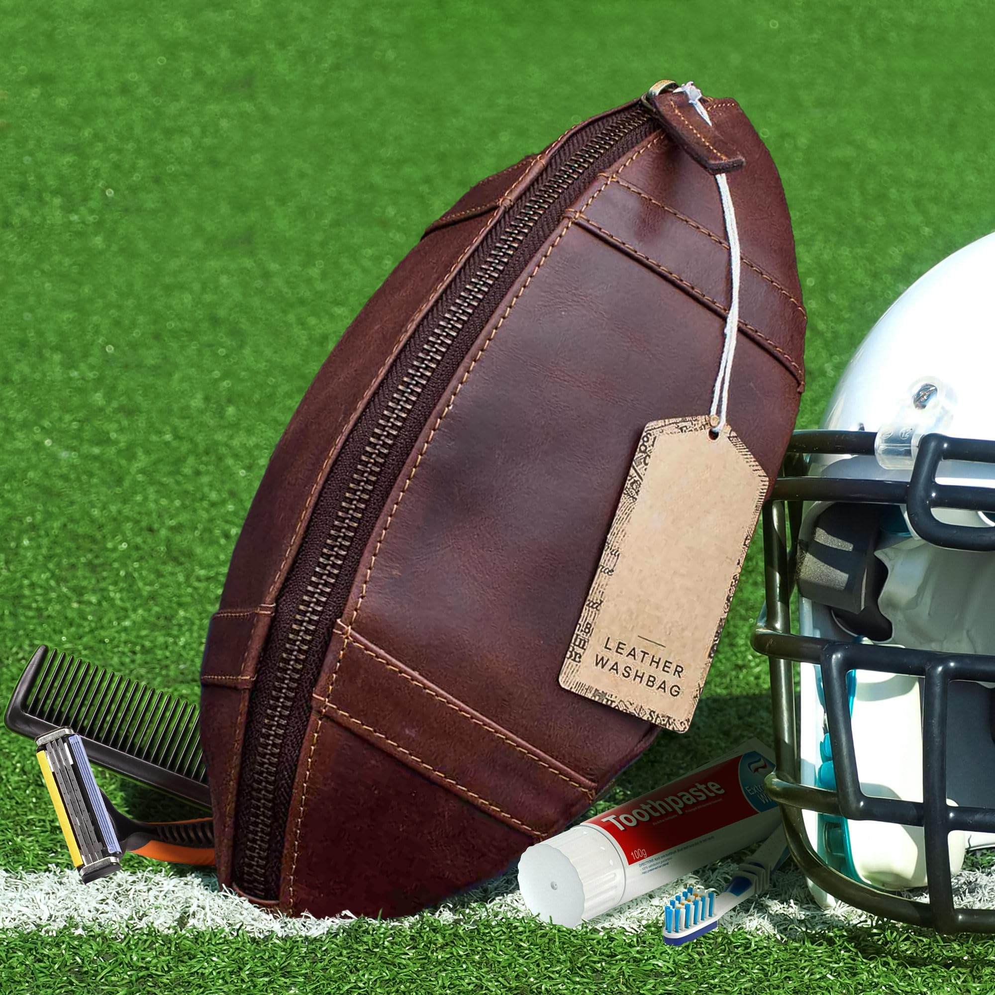 Monsterzeug American Football Kulturbeutel, Football Geschenke für Männer, Leder Kulturtasche, Kosmetiktasche, Waschtasche, Herren Necessaire, Toiletttasche, Reise Kulturtaschen, Waschbeutel, Tasche
