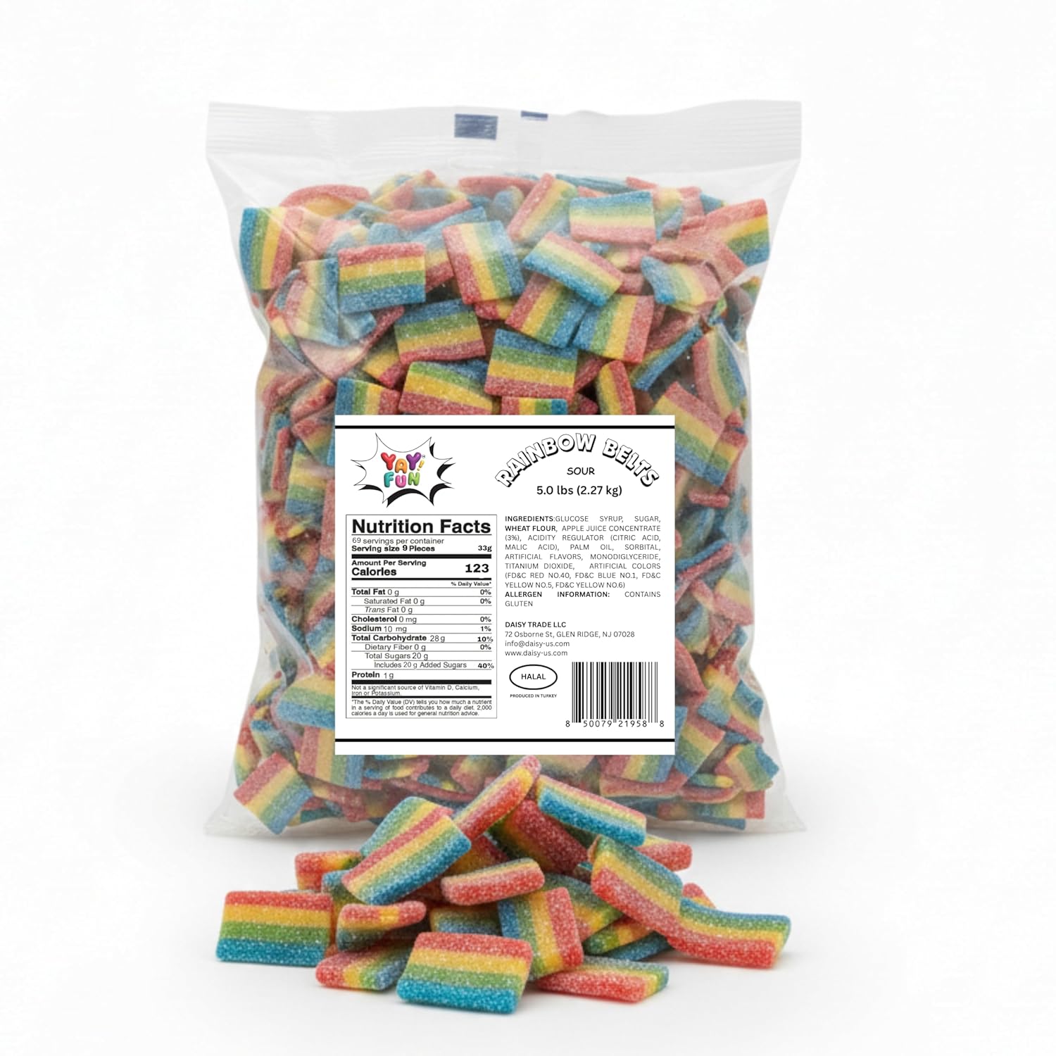 Halal Sour Mini Rainbow Belt Candy Bulk | 5-Pound of Fruity Sour Mini Strips, Colorful Belt Gummy Candy for Parties, Candy Buffets, Goodie Bags & Dessert Decorating
