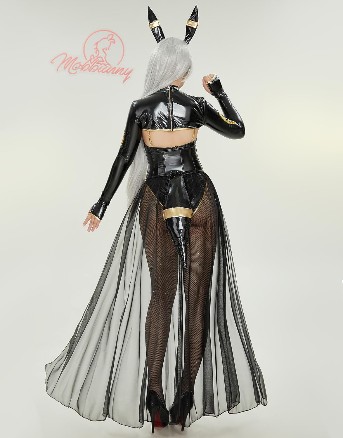 Mobbunny Anime Cosplay Costume for Women Black Bodysuit PU Leather Bodycon and Top with Chiffon Skirt Headband Tail