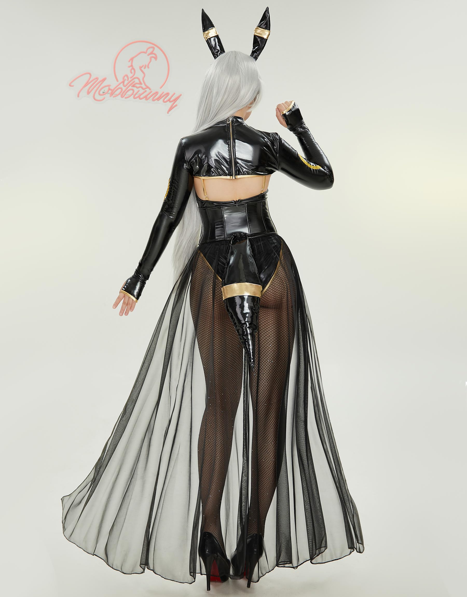 Mobbunny Anime Cosplay Costume for Women Black Bodysuit PU Leather Bodycon and Top with Chiffon Skirt Headband Tail