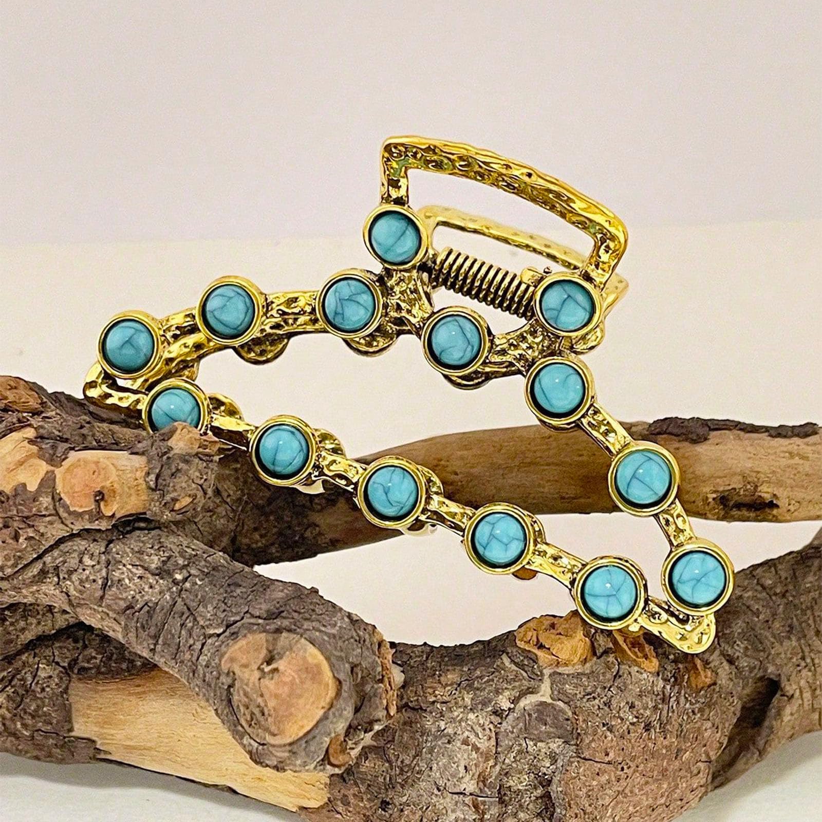 Frinnovan 1 Pack Large Turquoise Blue Stone Gold Metal Hair Claw Clip Western Hair Clips Nonslip Hair Accessories for Women Thick Hair