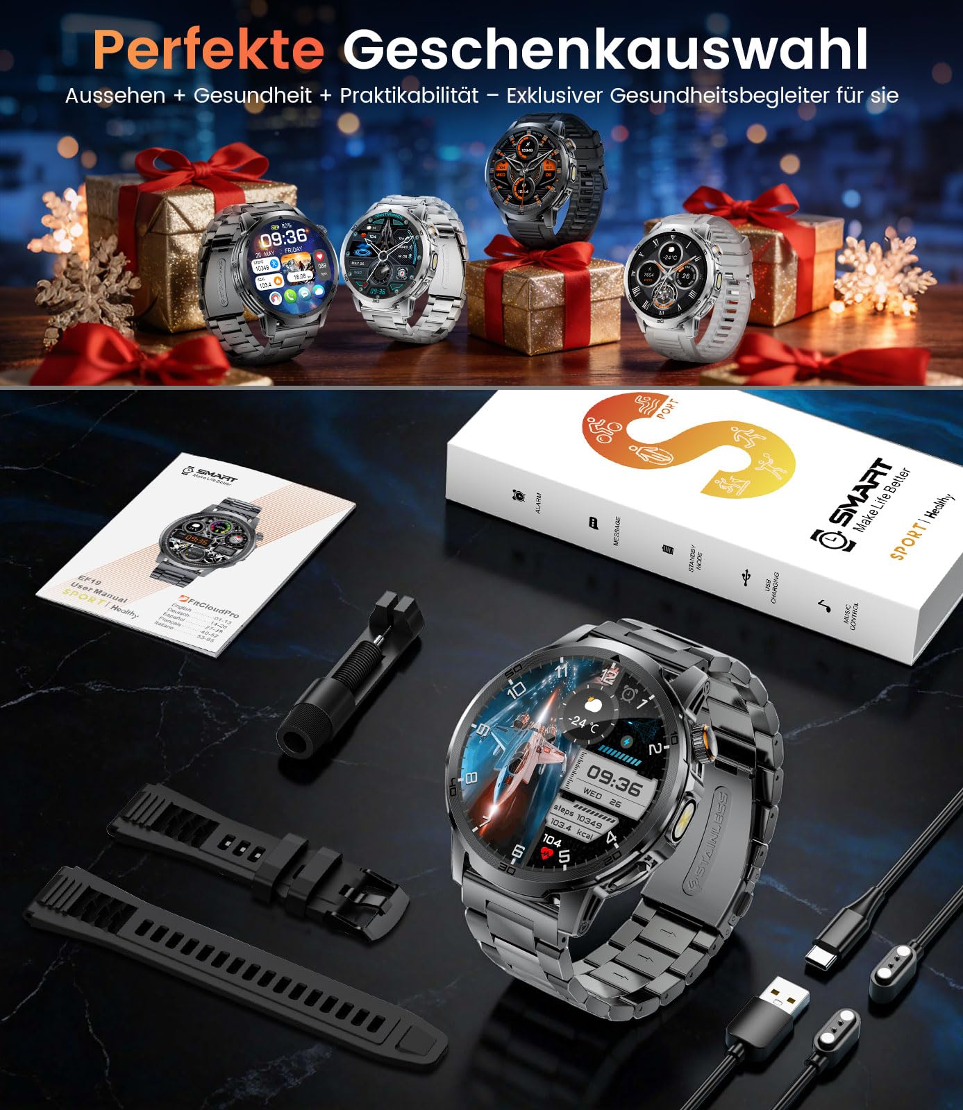 FITFLEX Smartwatch Herren Militär mit 1000 mAh, 1,85" HD Großes Touchscreen Smart Watch mit LED Licht/Telefonfunktion/120+Sportmodi Fitnessuhr/Herzfrequenz/Schlafmonitor/IP68 wasserdicht, iOS/Android