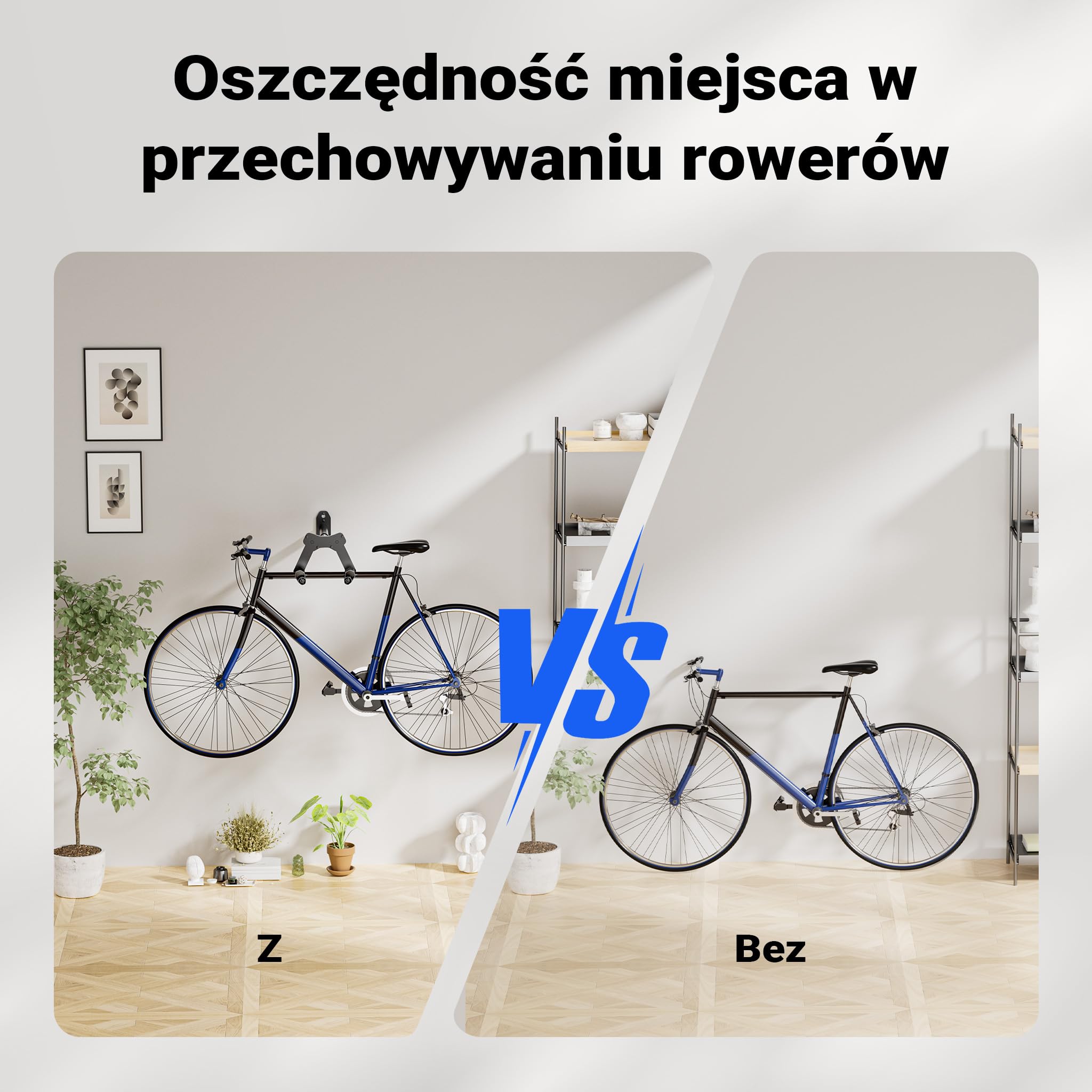 Wiltec Uchwyt naścienny na rower, z regulowaną szerokością do kierownicy maks. 77 cm, ze stali, wieszak rowerowy do 25 kg nośności z paskiem na koło