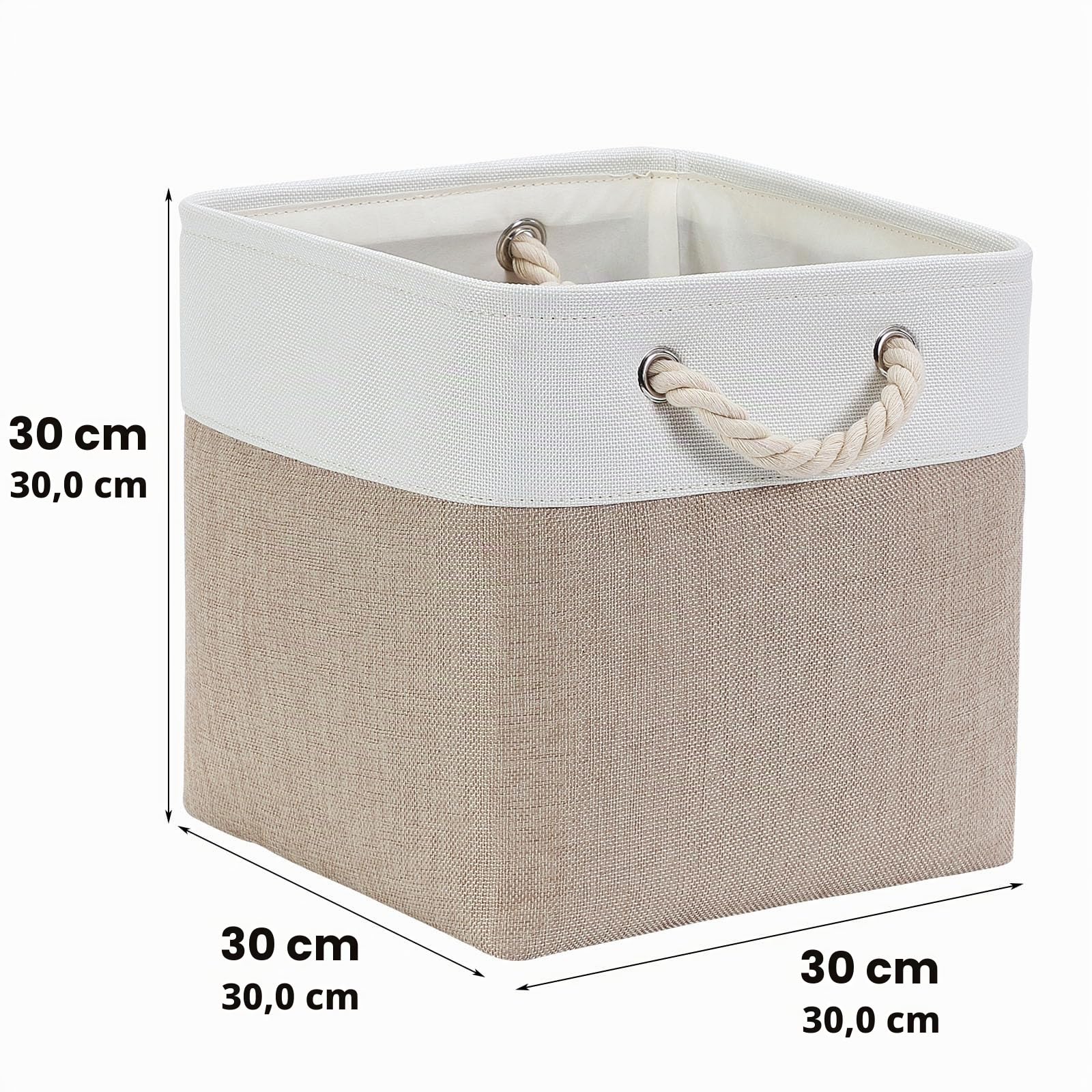 Mangata Set di 3 Scatole per Armadio,Cesto portaoggetti Tessuto, Cestino portaoggetti con Corde, 30 x 30 x 30 cm, per Guardaroba, Armadio, Scaffali (Pieghevole, Bianco Kaki Chiaro)
