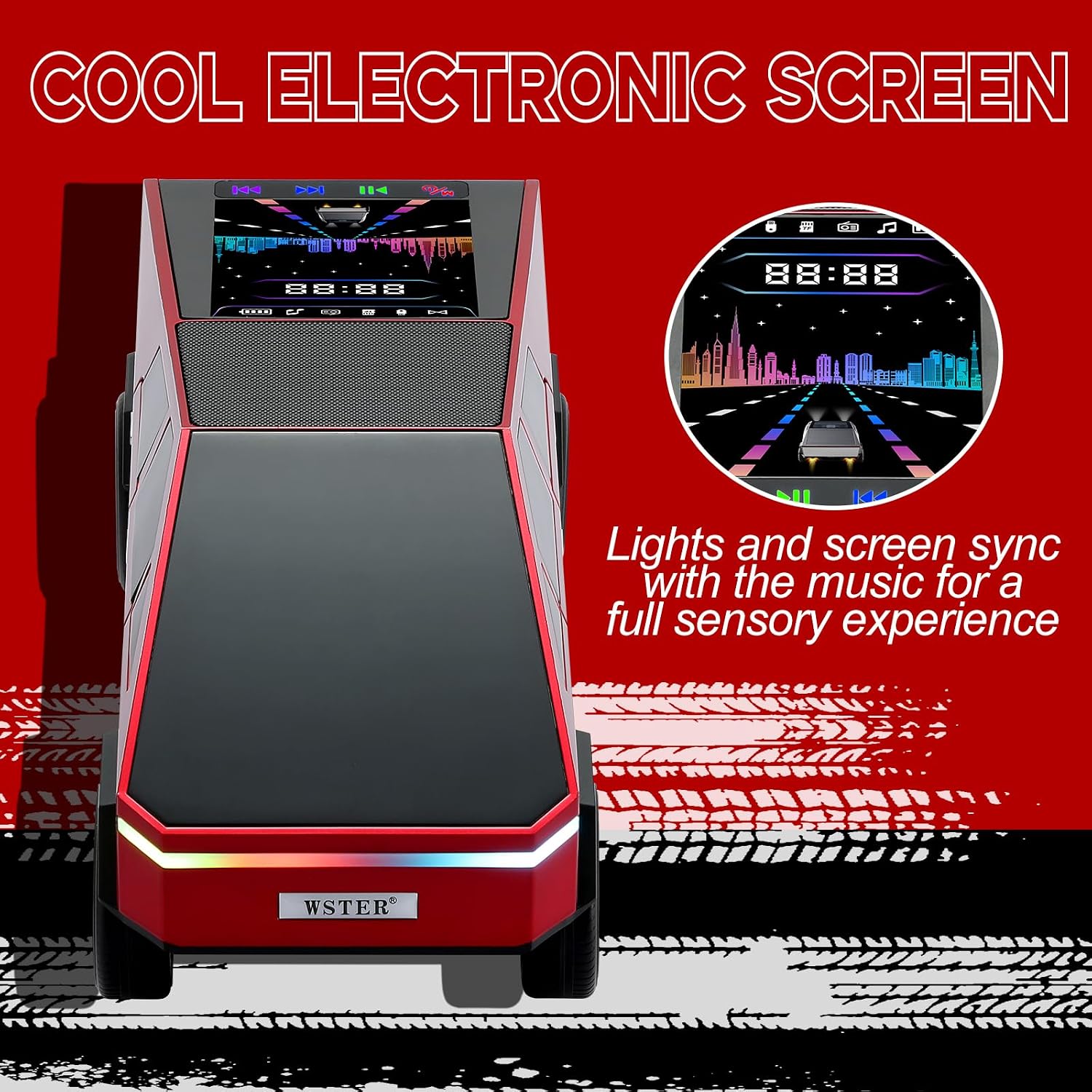 WSTER Futuristic Shapes Truck Bluetooth Speaker with LED Display Screen – TWS Stereo, FM Radio, USB/TF Playback, LED Headlights, Built-in Mic, Gift for Car Lovers, Model Collectors & Tech Fans (Red)