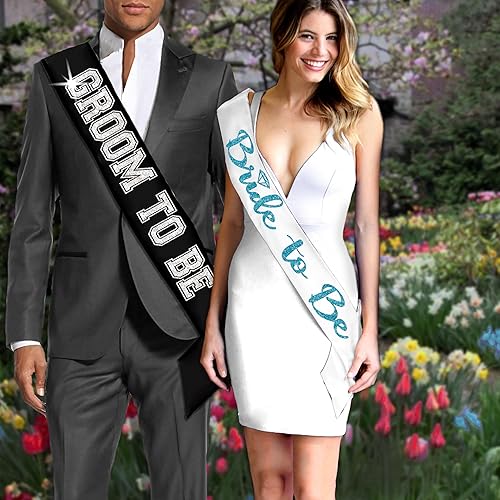 Miniatura 2 de Juego de 2 bandas para novios de novia, color turquesa brillante, banda de satén blanco y banda de satén deportiva plateada para novio a ser negro,