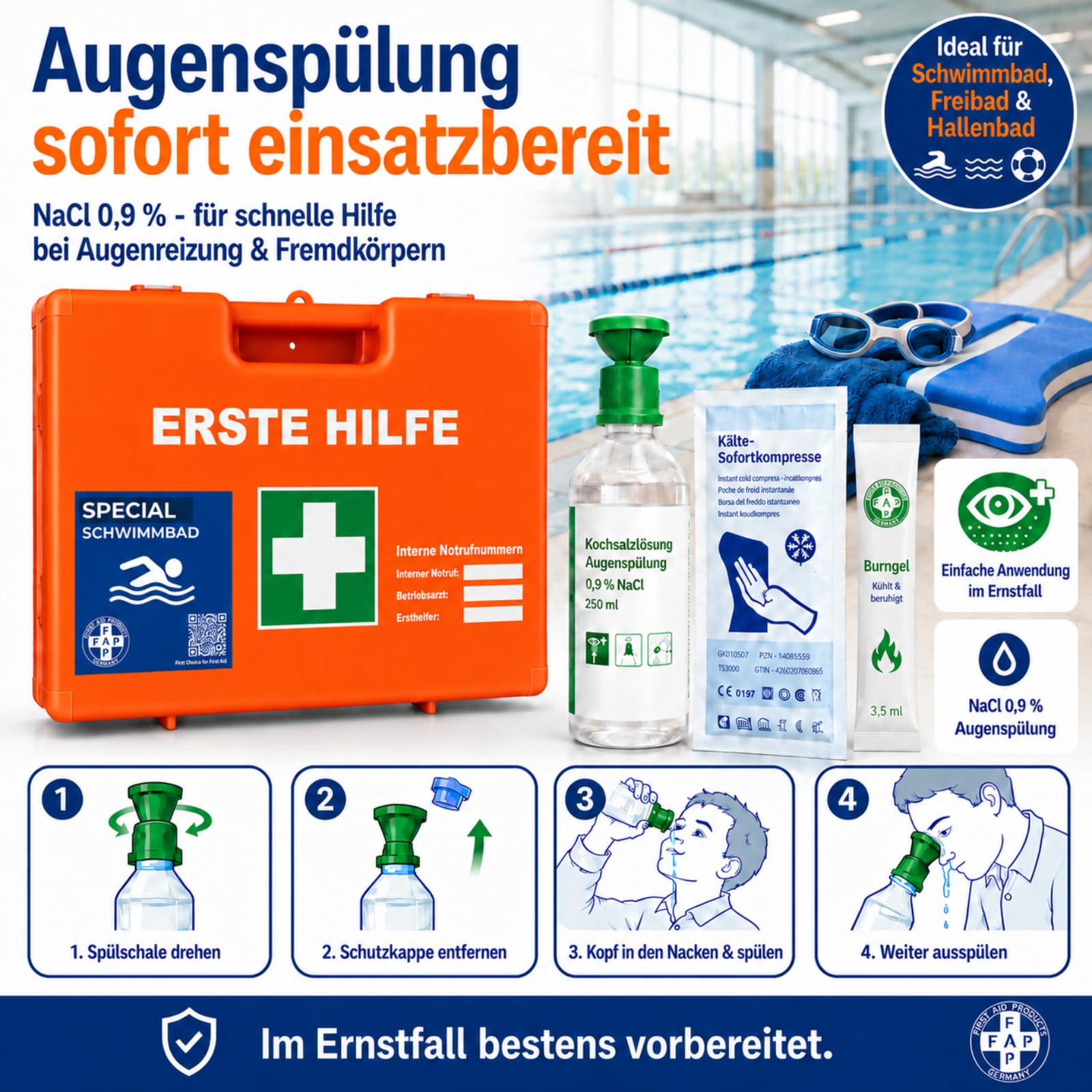 FAP Erste-Hilfe-Koffer Schwimmbad DIN 13157 gefüllt - Orange | Beatmungstuch & Kältekompresse | Pool Aqua Freibad Hallenbad Wassersport ABS Kunststoff, Betriebsverbandkasten Wandhalterung -33×42×15 cm
