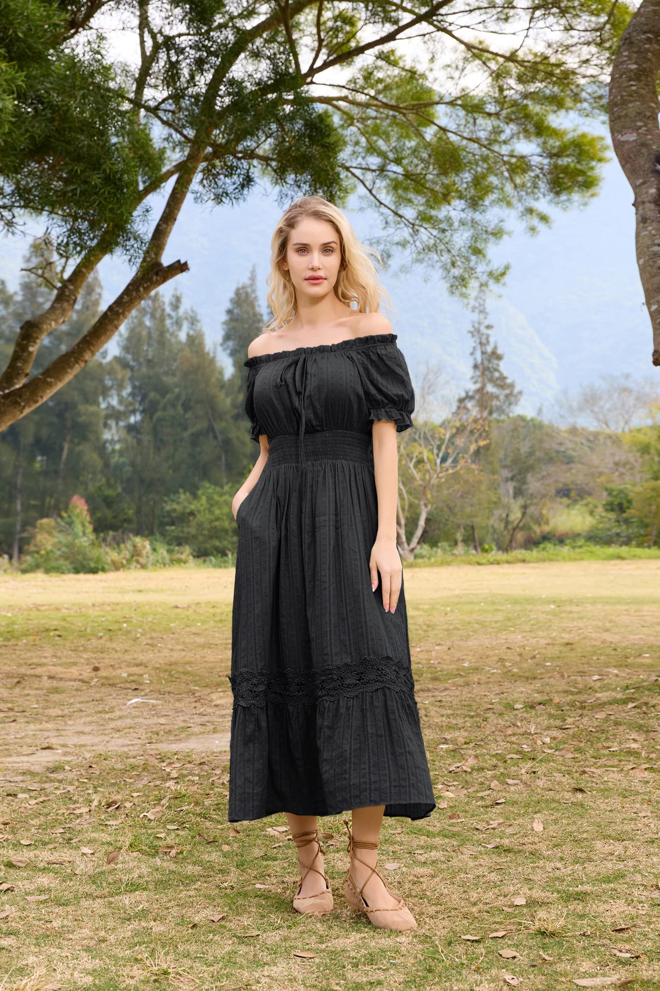 SCARLET DARKNESS Damen Renaissance Kleider Schulterfrei Puffärmel Gesmokte Taille Baumwollkleid