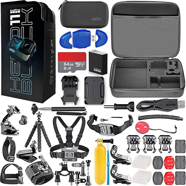 GoPro HERO11 (Hero 11) Black - Waterproof Action Camera with 5.3K HD Video, 27MP Photos, Live Streaming, Webcam - Bundle with 64GB Memory Card, Card Reader, Hero11 Action Bundle (58 Items)