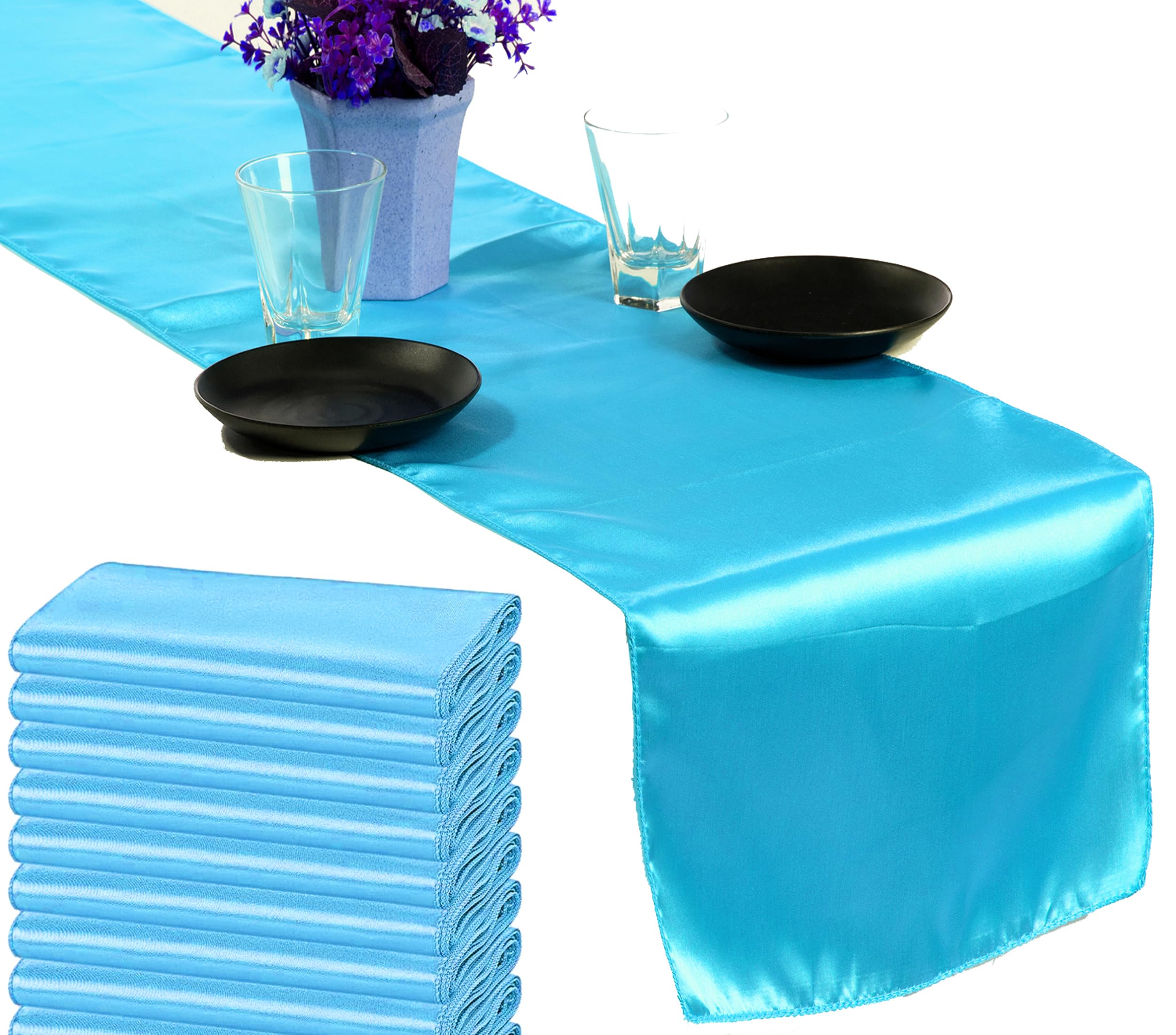 VDS Pack of 30 Satin Table Runners for Wedding & Party Décor 12” x 108”, Smooth Glossy Sateen Fabric Runner, Dining Table Decoration for Reception Banquet & Events Hotel Restaurant - Turquoise